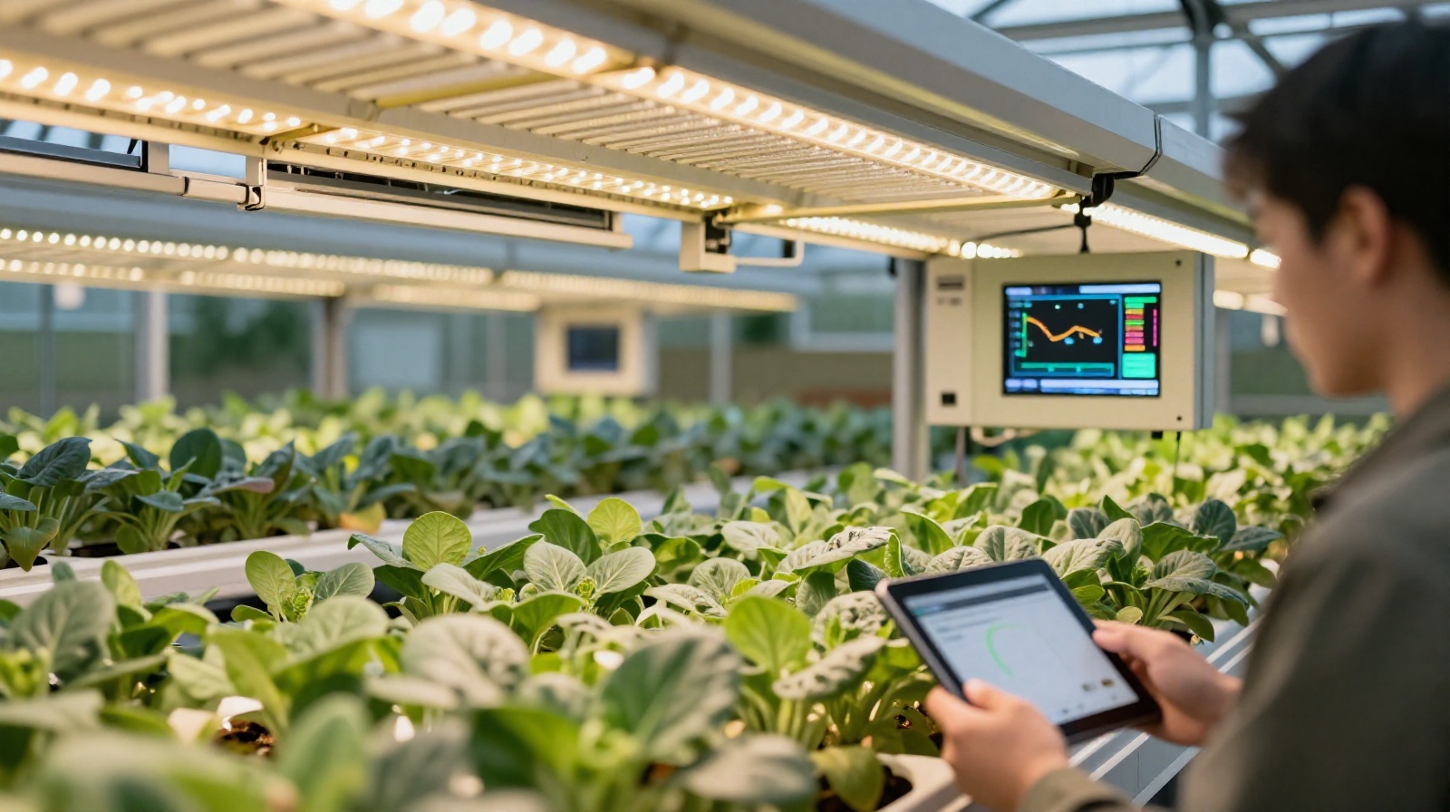 Interior view of a high-tech smart greenhouse in Hainan featuring automated climate control systems and digital monitoring screens used by farmers