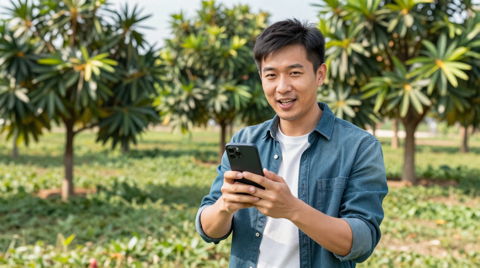 A young graduate farmer using a smartphone to livestream his work to online buyers in a tropical Chinese orchard