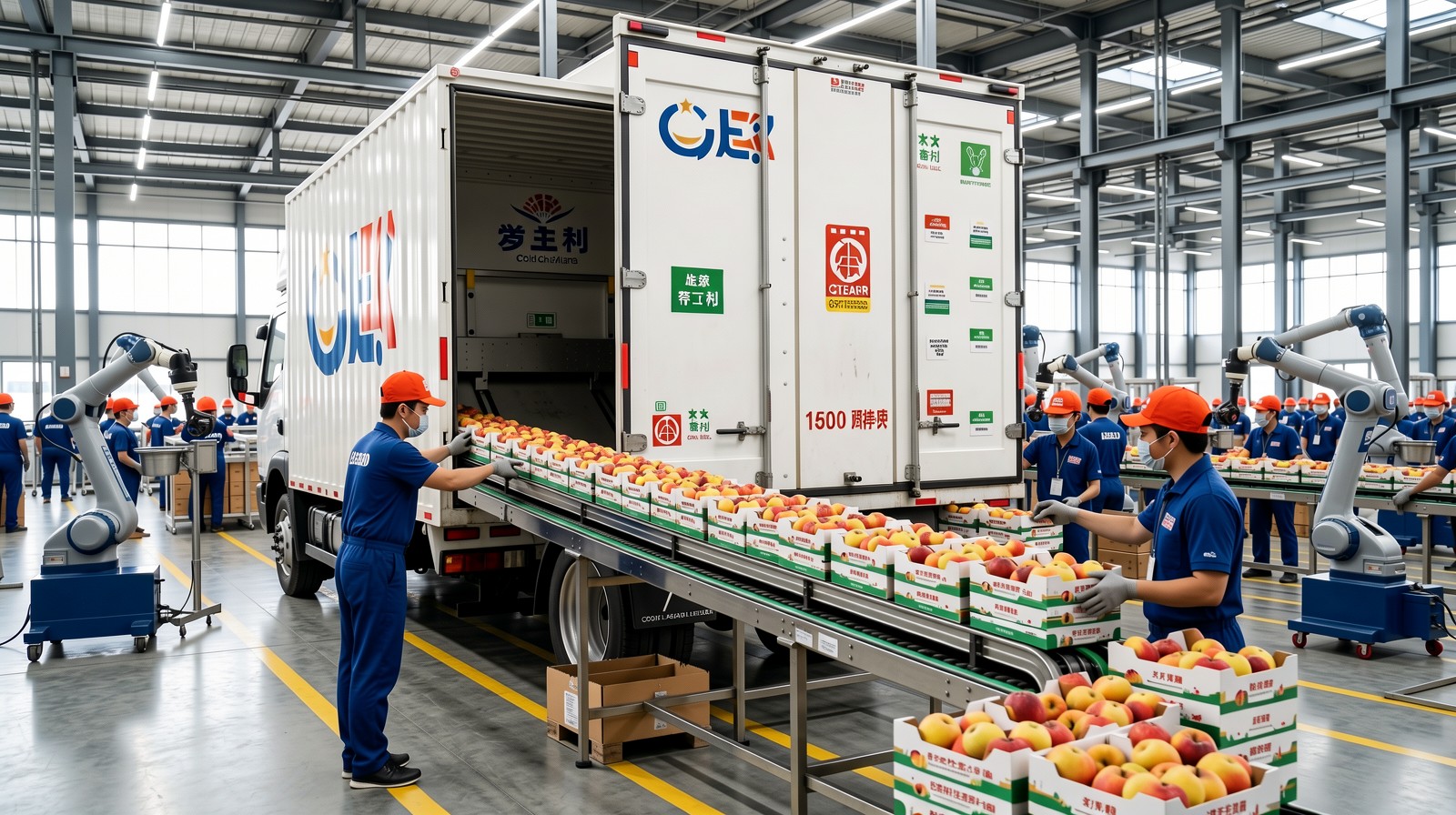 Modern cold-chain logistics facility where robots help pack fresh tropical fruits for rapid delivery across China