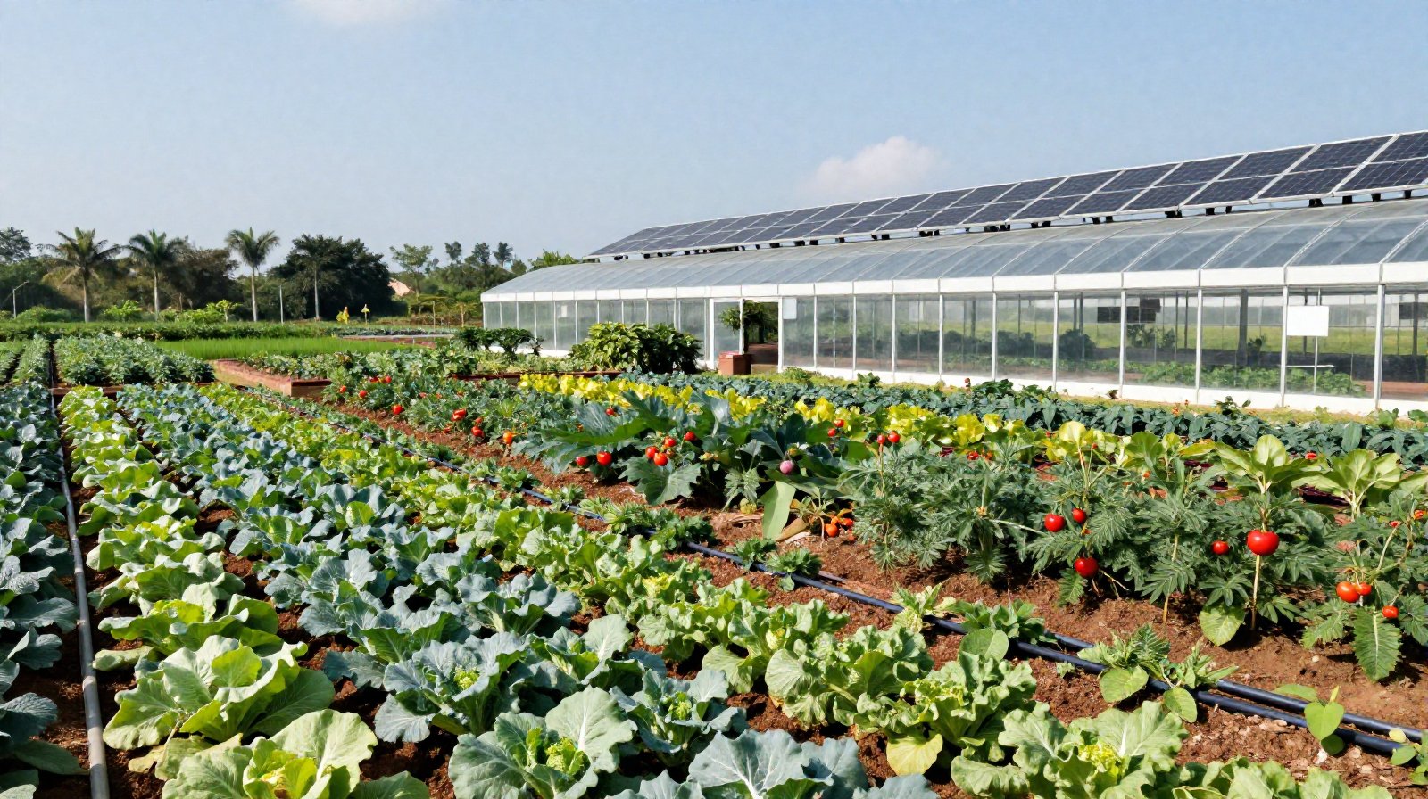 Sustainable agricultural practices in China featuring solar-powered greenhouses and drip irrigation systems