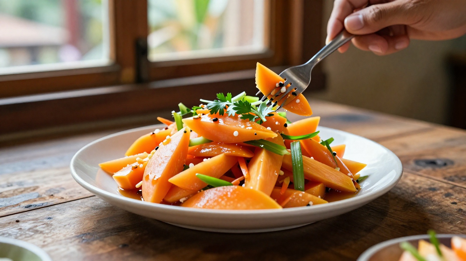 Freshly harvested papaya salad served at a local restaurant in Hainan showcasing the quality of tropical agriculture