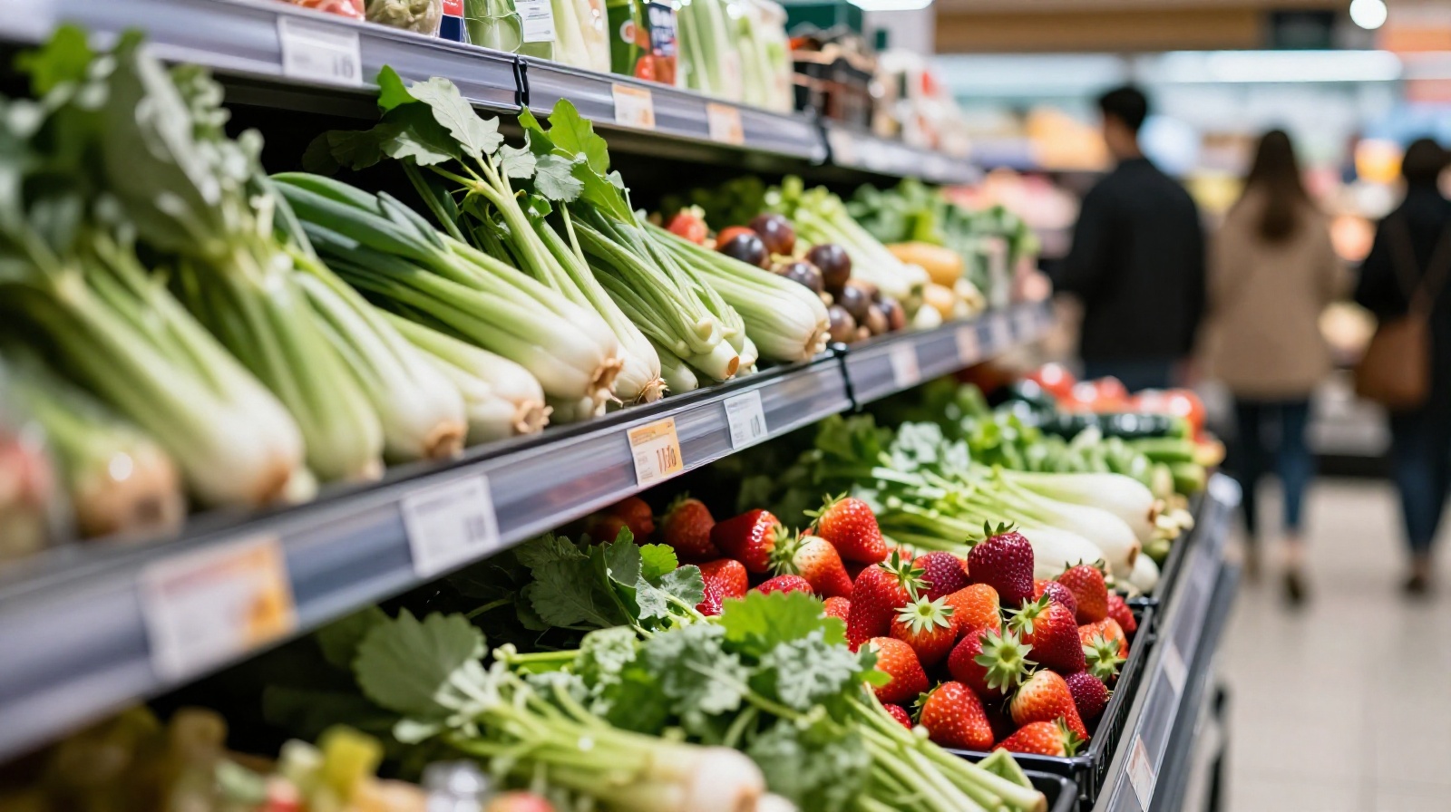 Fresh produce including strawberries and leafy greens displayed on shelves in a brightly lit Chinese supermarket at midnight with customers shopping nearby