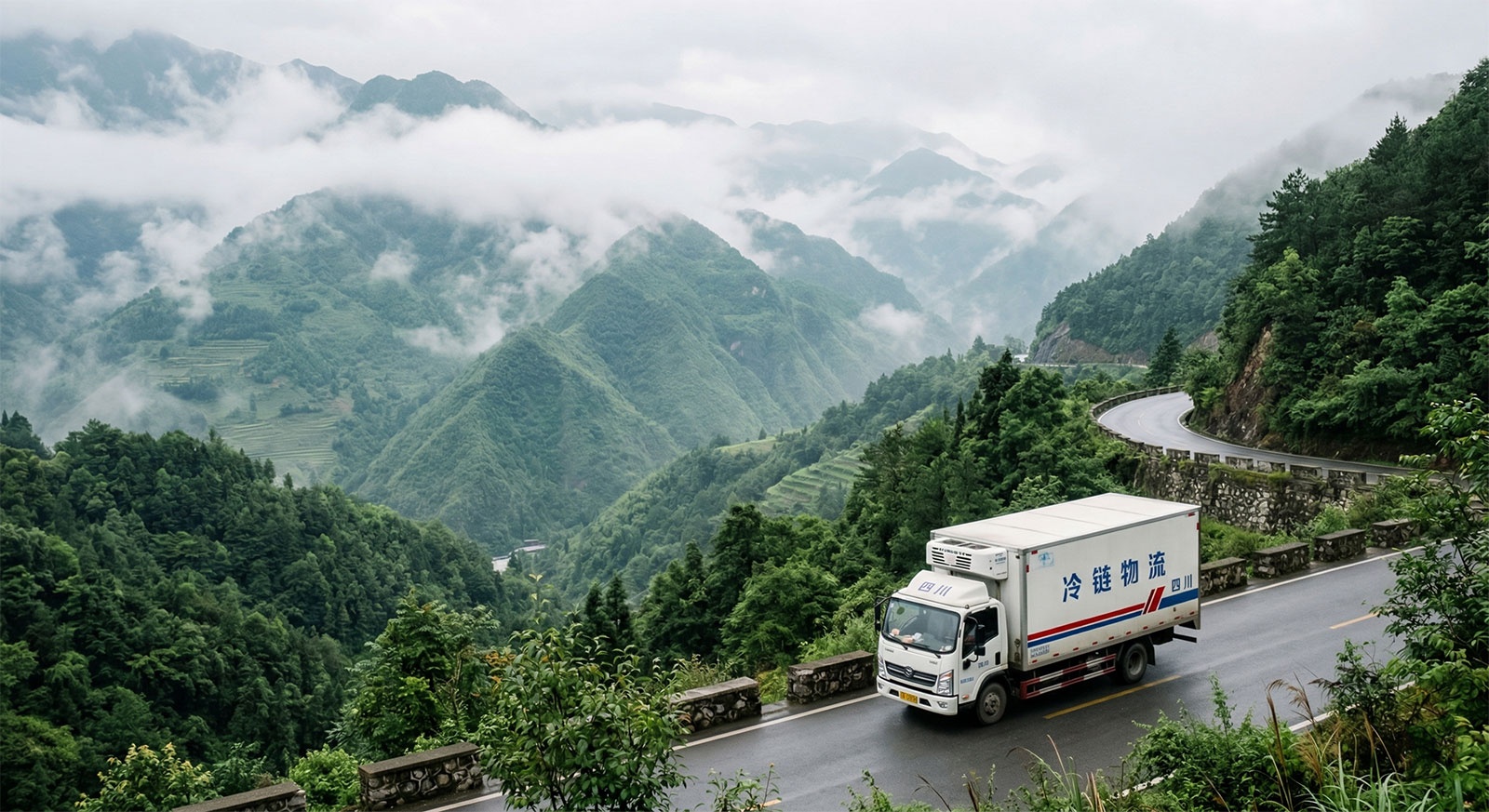 A temperature-controlled refrigerated truck transporting fresh strawberries from high-altitude farms in Sichuan to urban markets