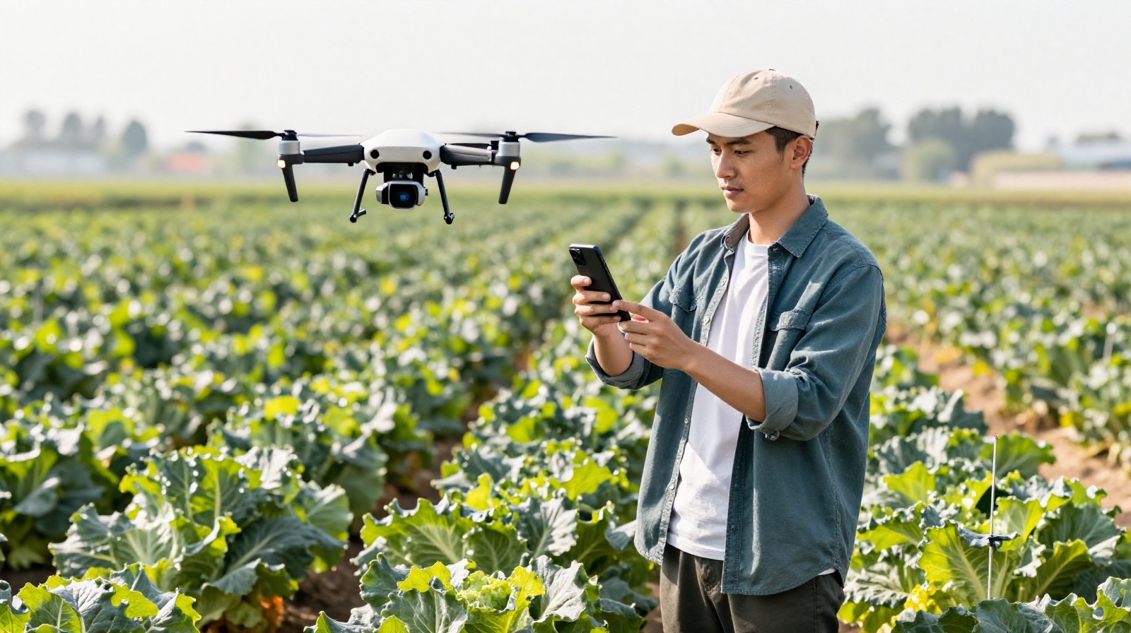 A young rural entrepreneur using a drone and smartphone to manage his organic farm in Chengdu, China