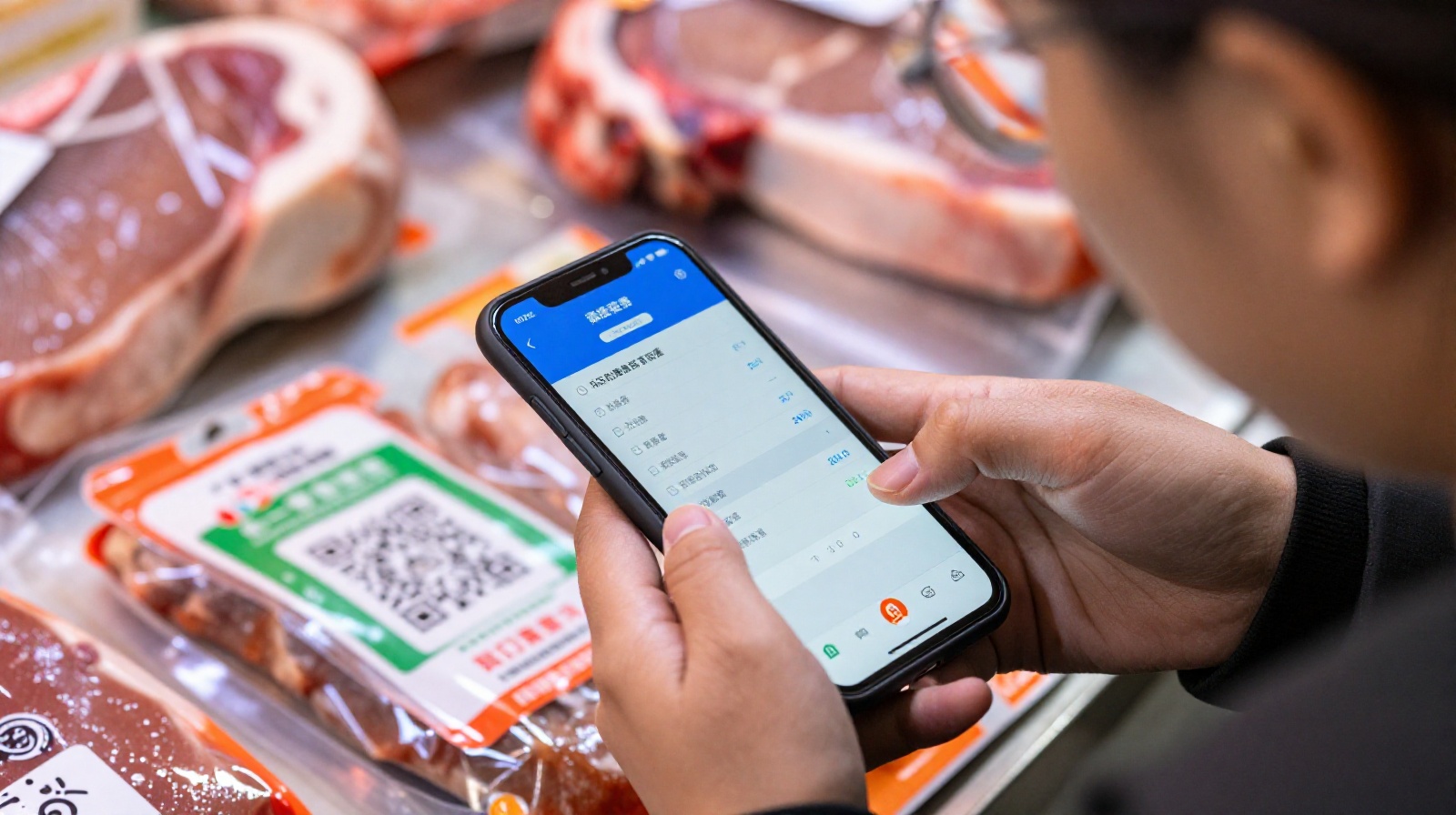 Customer using a mobile app to scan a QR code for food safety traceability information on pork packaging at a Guangzhou market