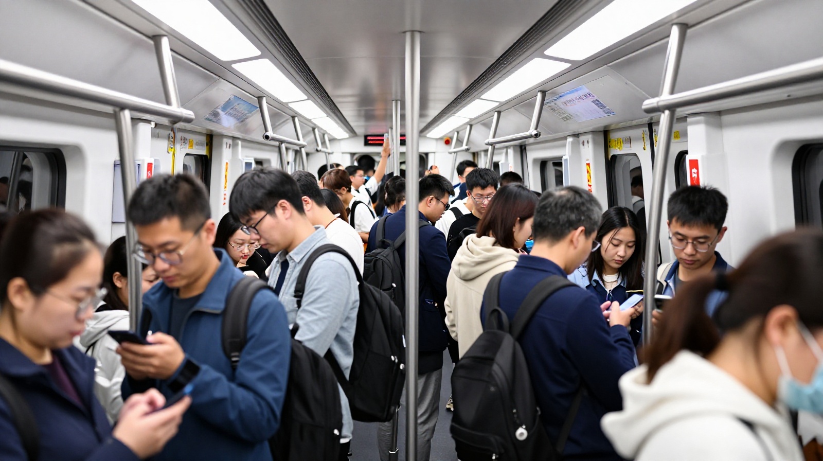 A diverse group of commuters inside a busy Beijing subway car checking their phones during the morning rush