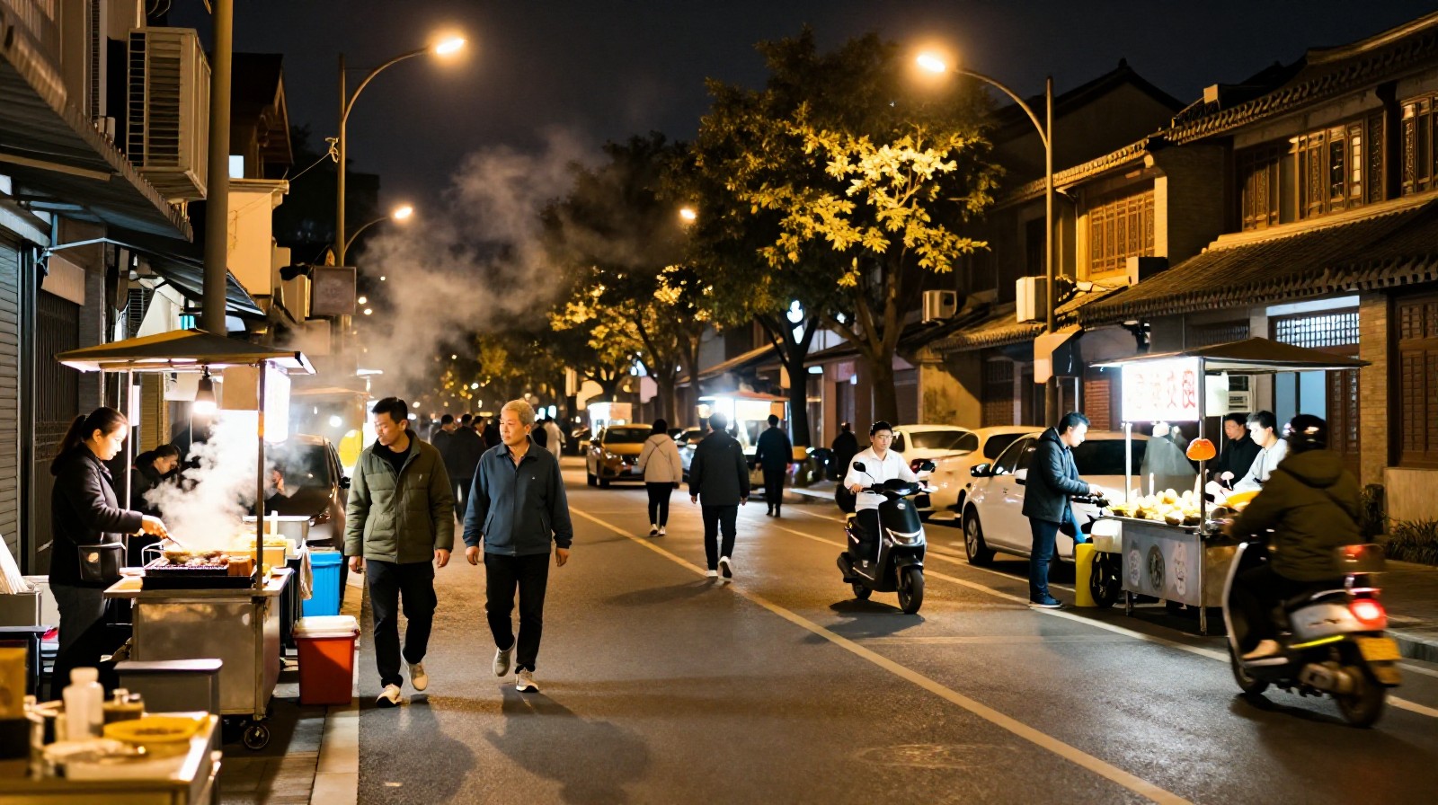 Vibrant night market scene with food stalls and pedestrians in a safe Chinese urban environment