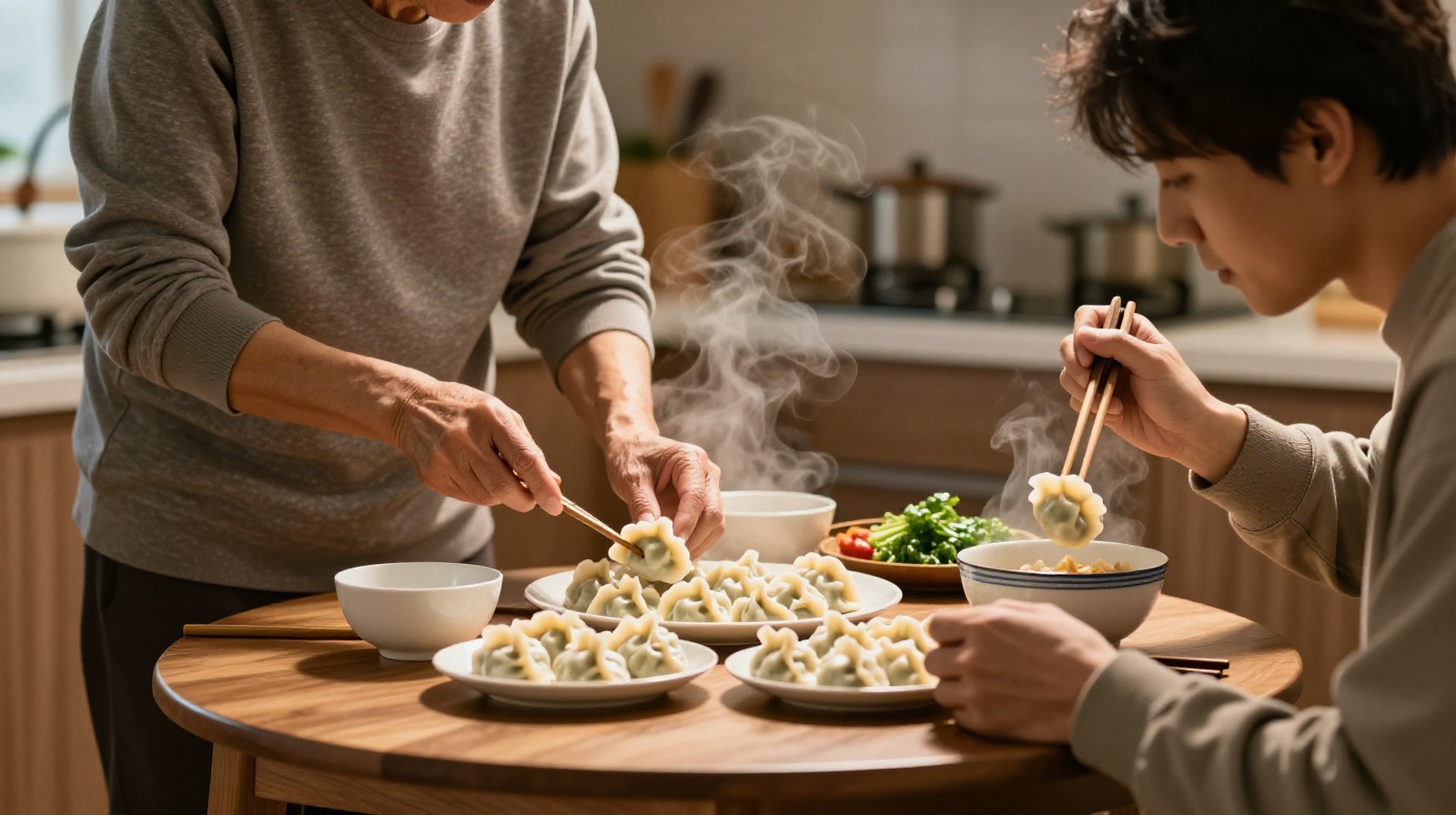 Family members sharing a late-night meal of dumplings in a cozy Chinese home kitchen