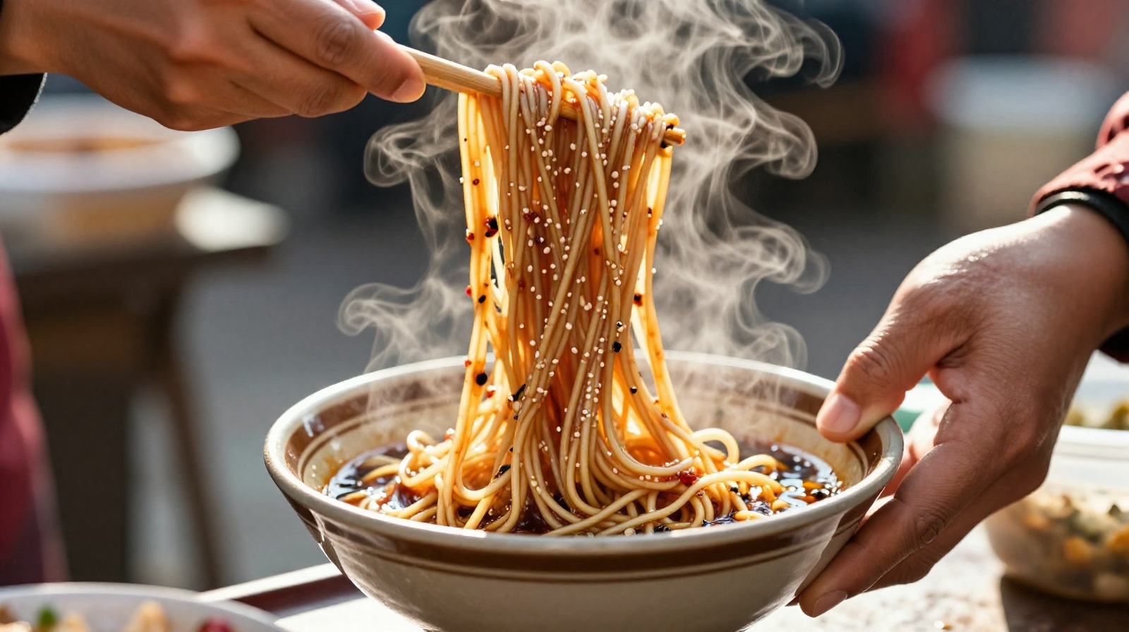 A close-up view of a Wuhan street vendor preparing hot dry noodles, tossing the pasta in a large ceramic bowl with sesame paste as steam rises from the dish.