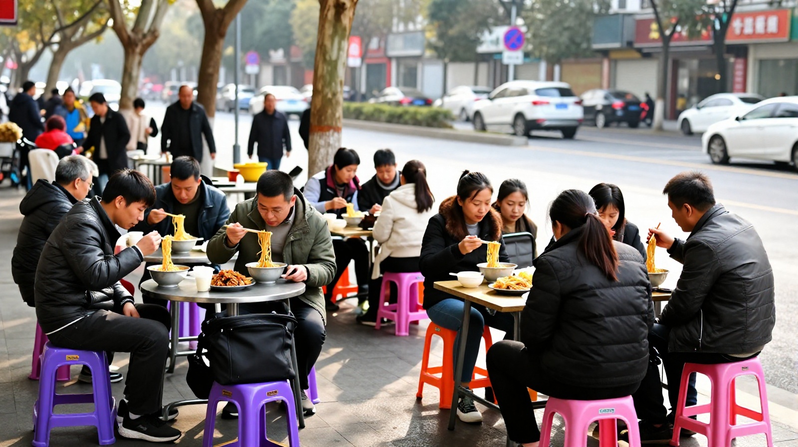 A group of locals enjoying hot dry noodles at a street stall in Wuhan during the morning rush hour.