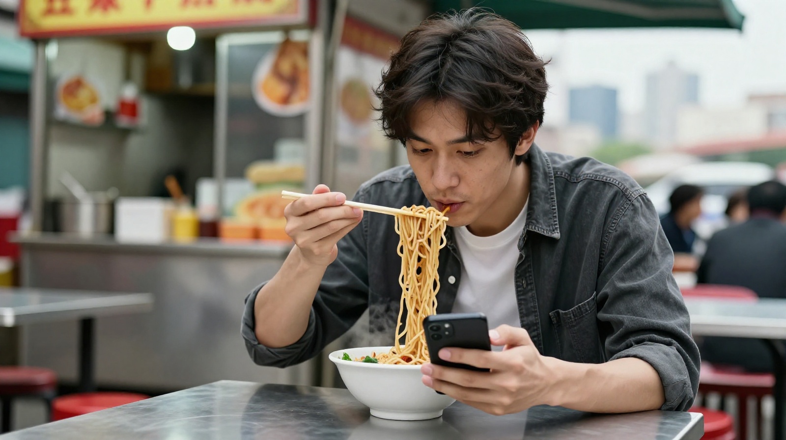 A young professional eats hot dry noodles at a street stall while checking his phone, blending tradition and modernity.