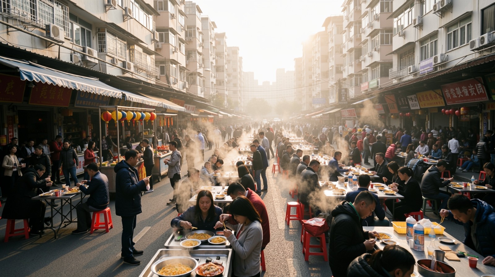 A wide view of a busy Wuhan street in the early morning with people enjoying hot dry noodles at various stalls.