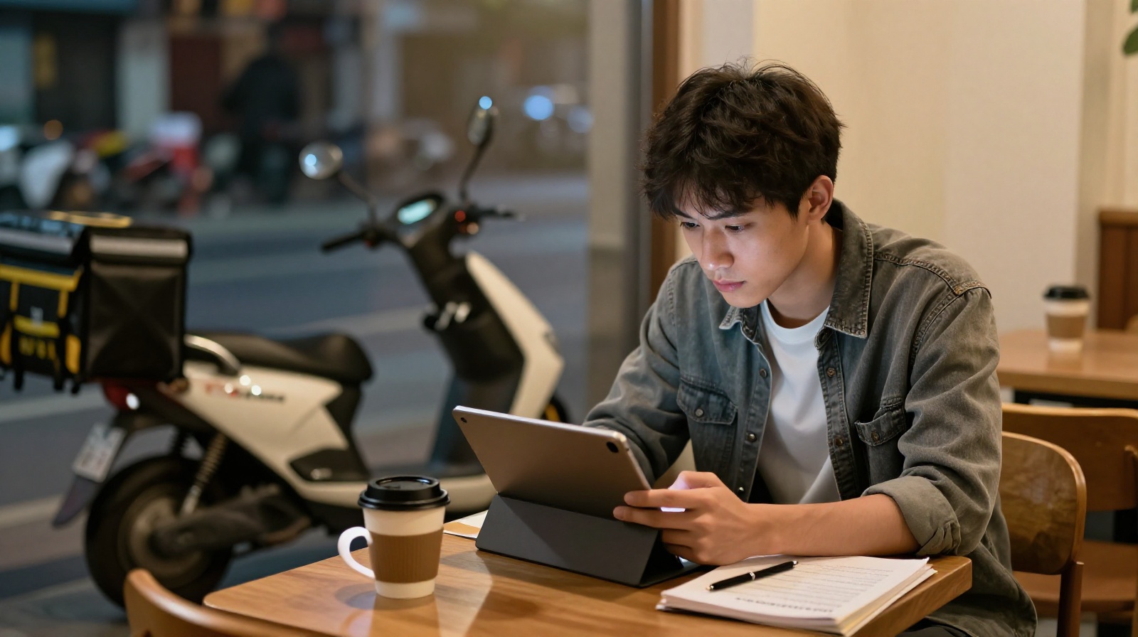 Young Chinese delivery rider studying English on a tablet inside a cafe after work