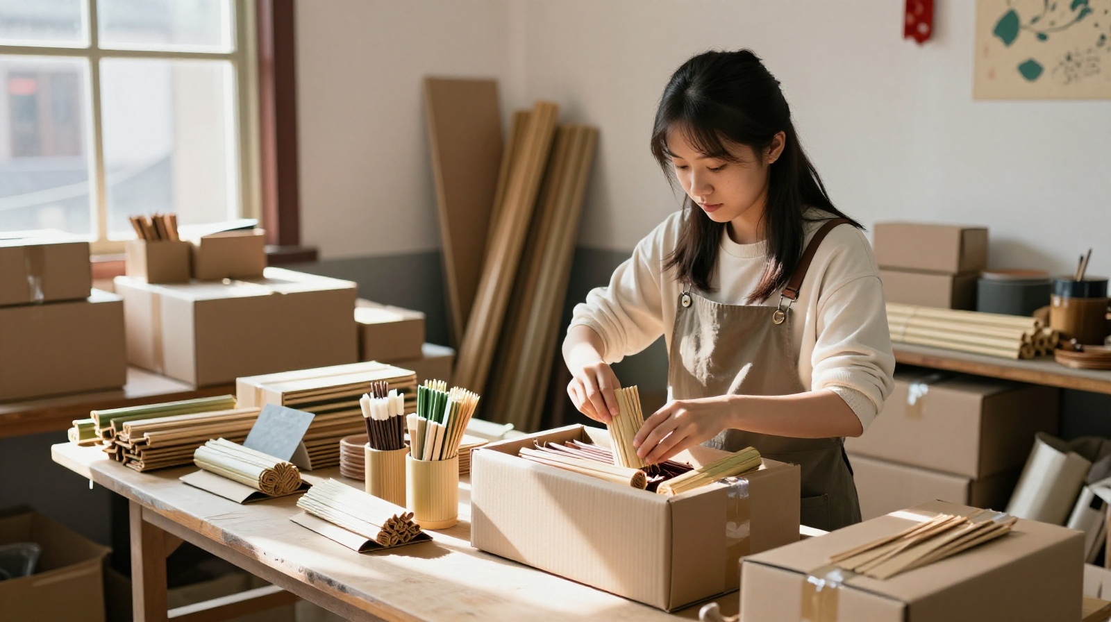 Young entrepreneur packaging handmade bamboo goods in a rural Chinese workshop