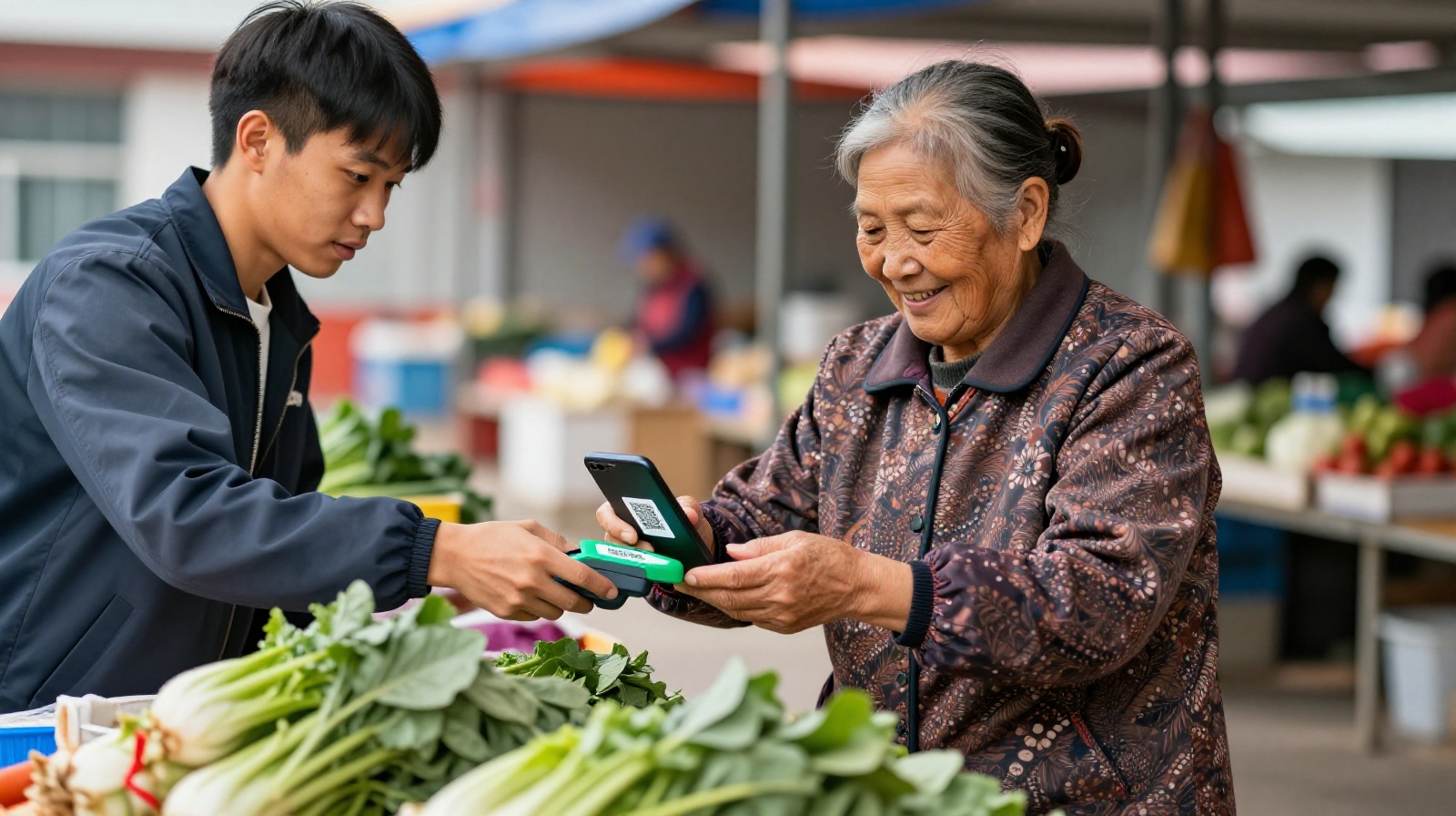 Senior citizen using mobile payment to buy groceries at a local market