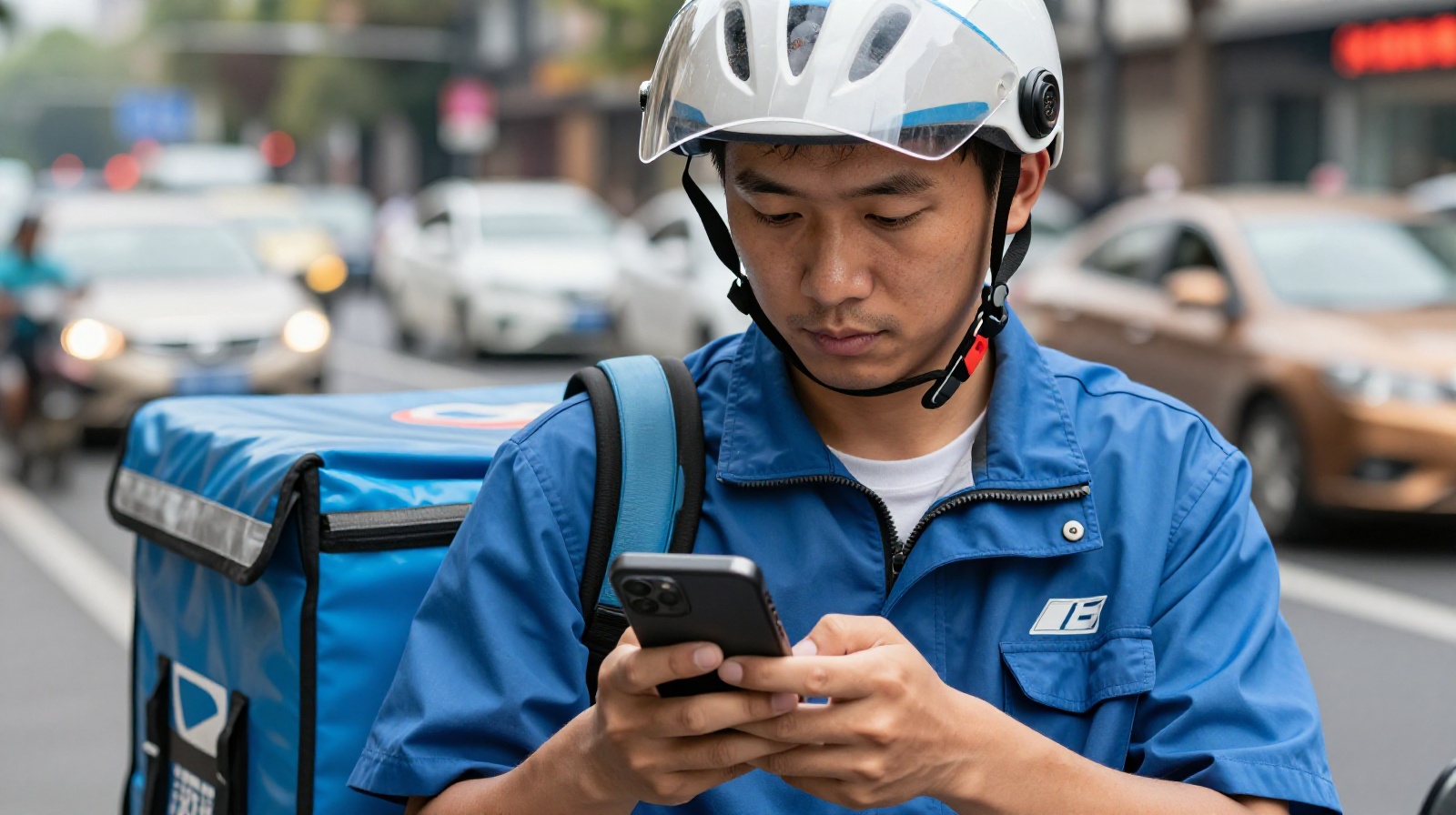 Chinese delivery driver checking smartphone app on busy city street