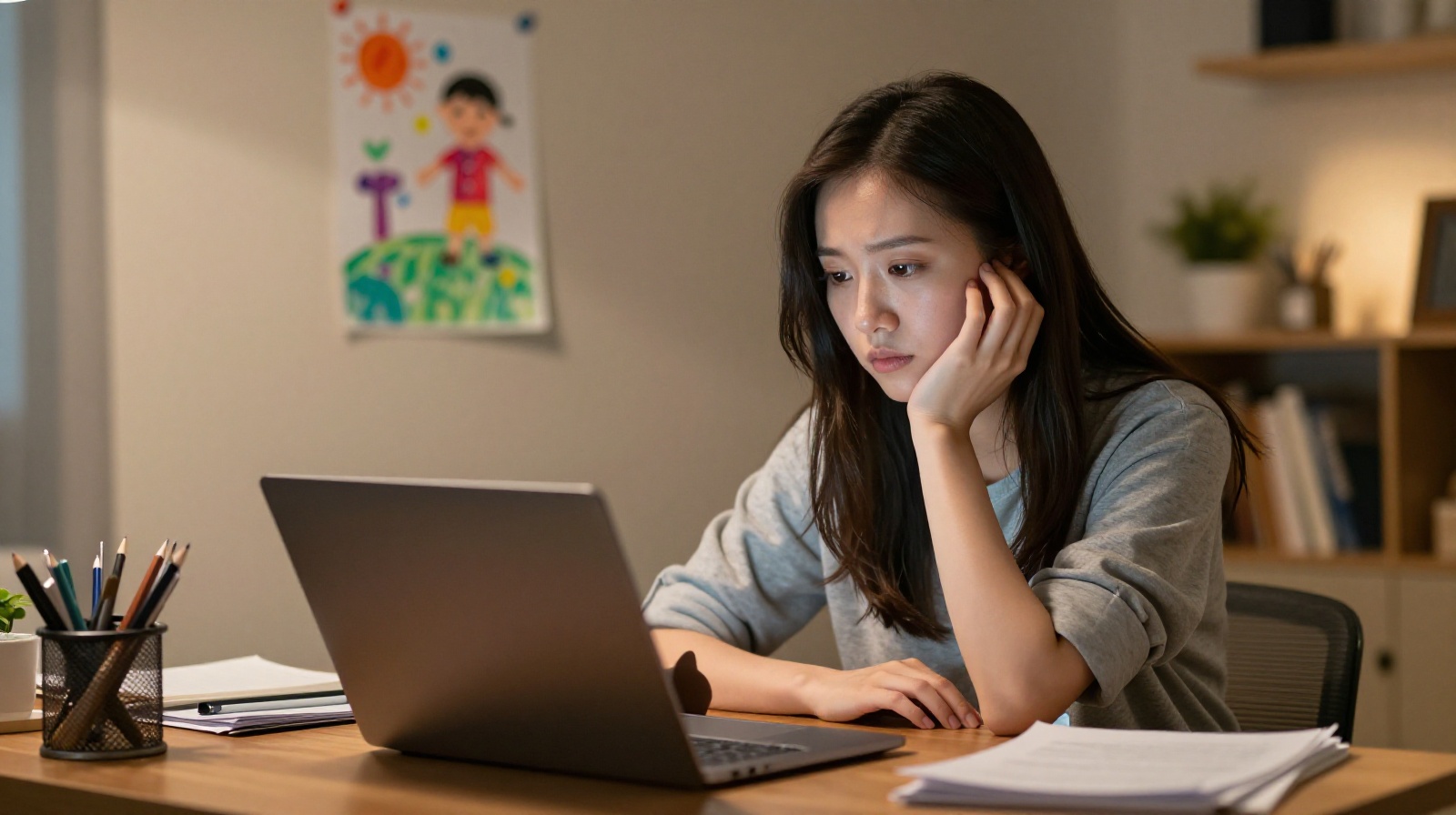 Young Chinese professional balancing work and family life at home