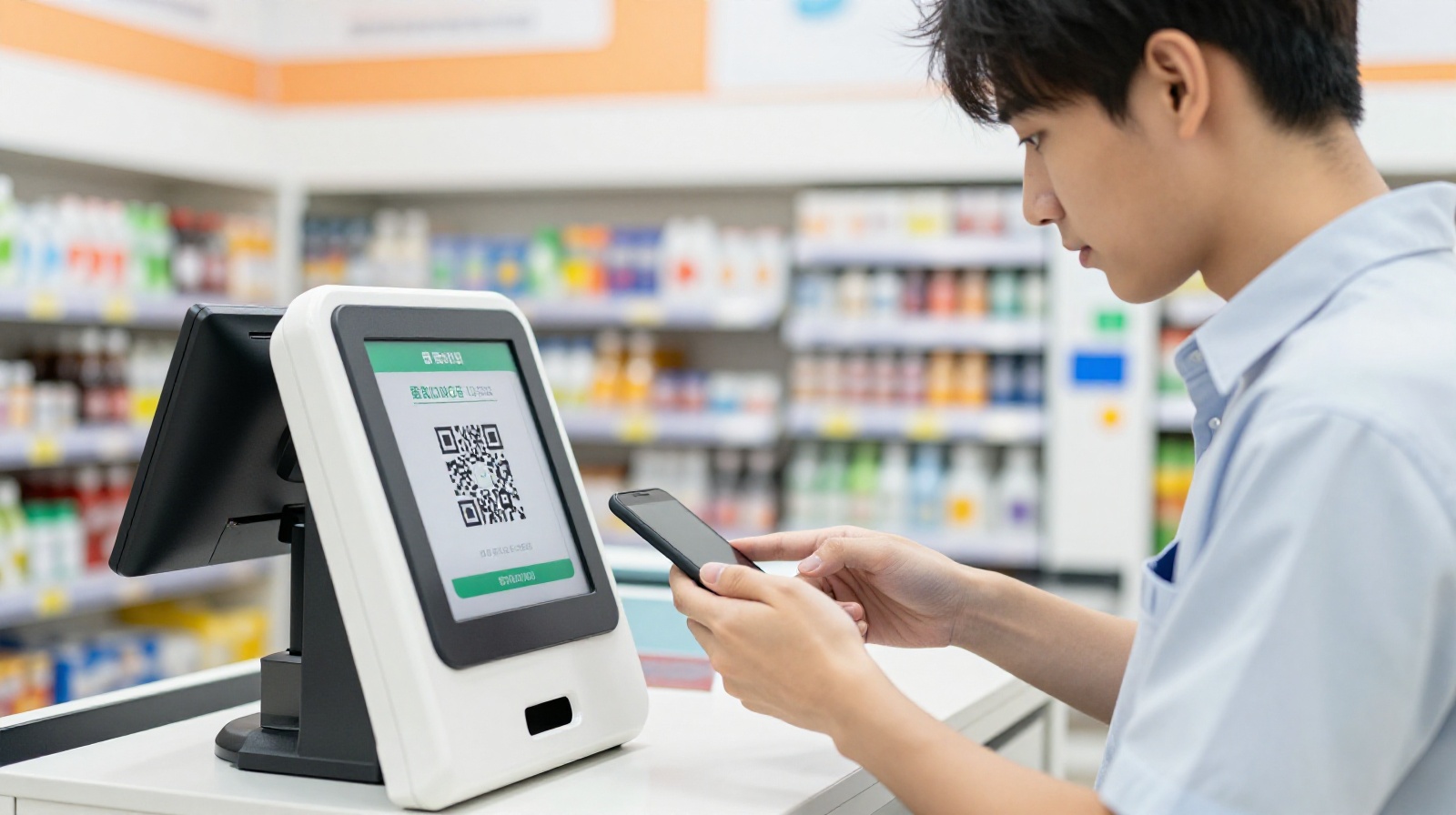 A young professional in casual office wear scanning a QR code on their smartphone to pay at a self-checkout kiosk inside a bright, modern convenience store in China.