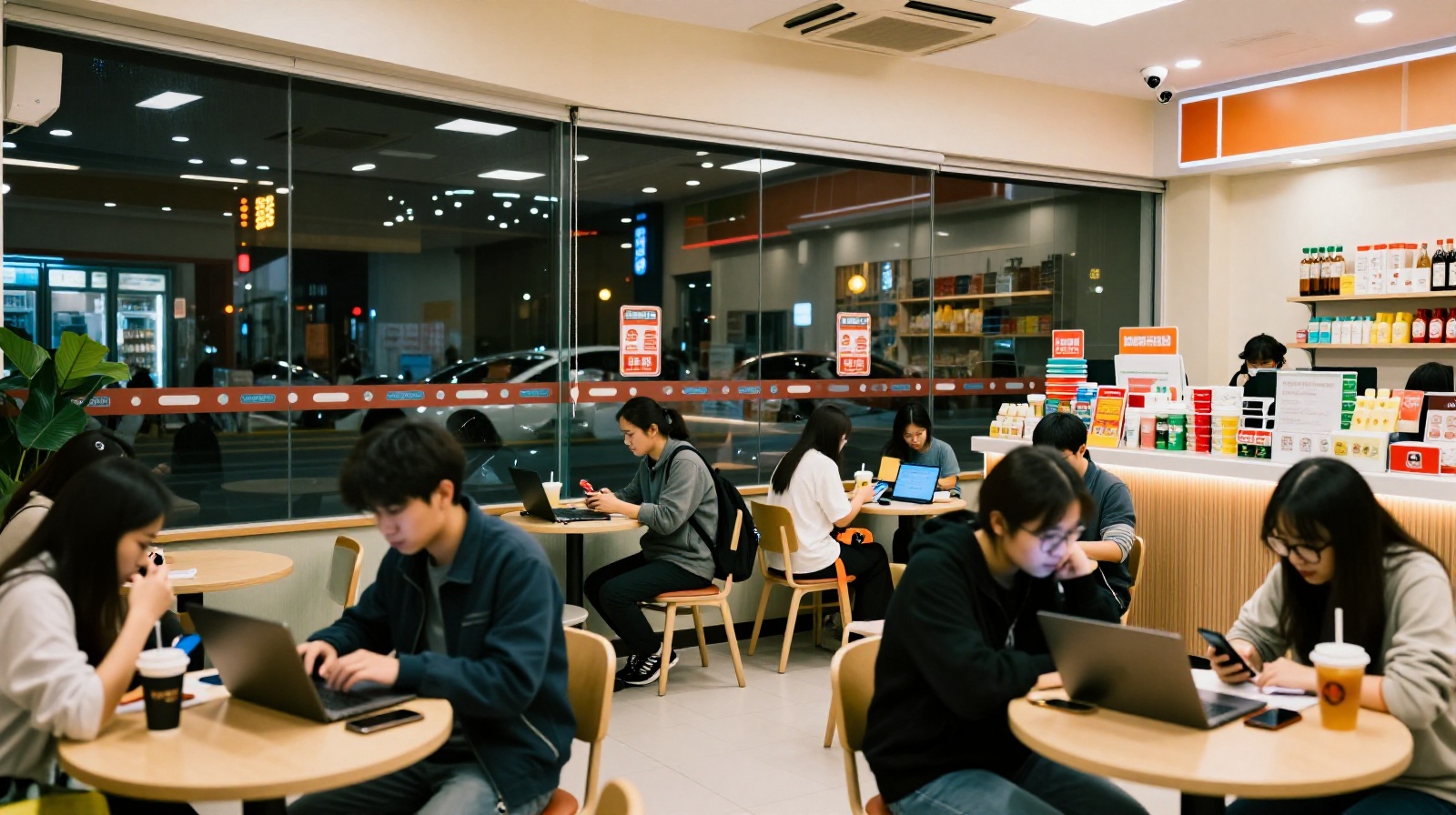 A cozy evening scene inside a Chinese convenience store where customers sit at tables with laptops and smartphones, enjoying drinks while the city lights glow outside the large windows.