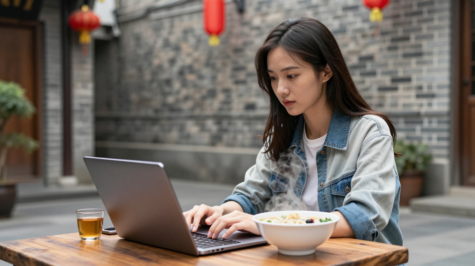 A young woman working on a laptop at an outdoor cafe in Chengdu's historic alleyways, surrounded by traditional architecture and steaming food.