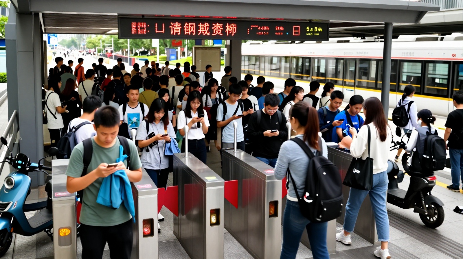 Crowded subway entrance in Beijing with commuters using smartphones for entry pass access