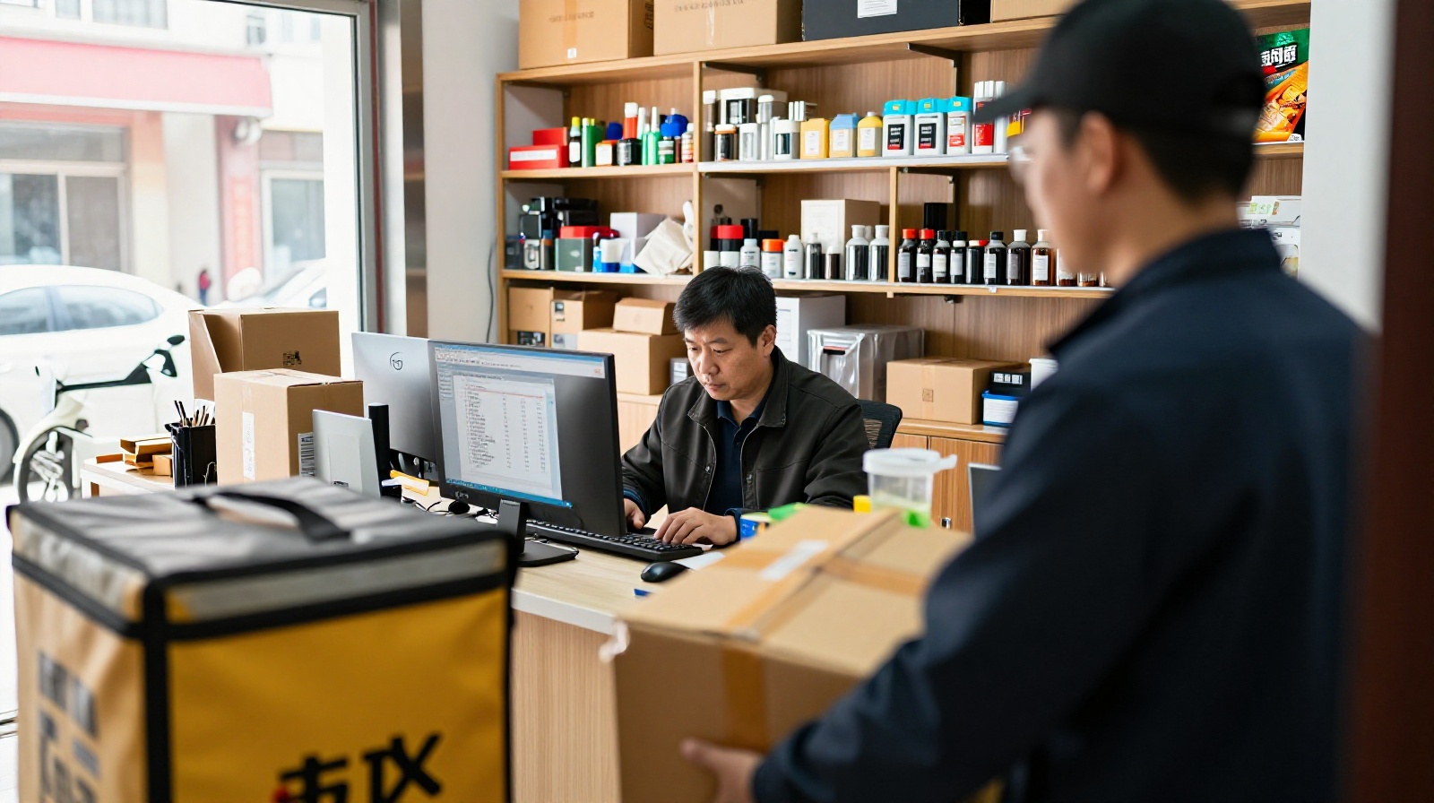 Small business owner in China managing e-commerce orders on a laptop while a delivery driver hands over a package