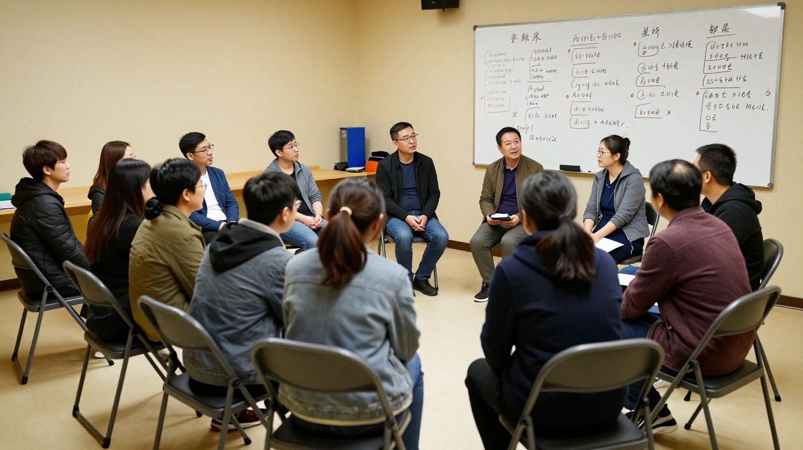 Local community committee meeting in a residential apartment block to discuss neighborhood maintenance