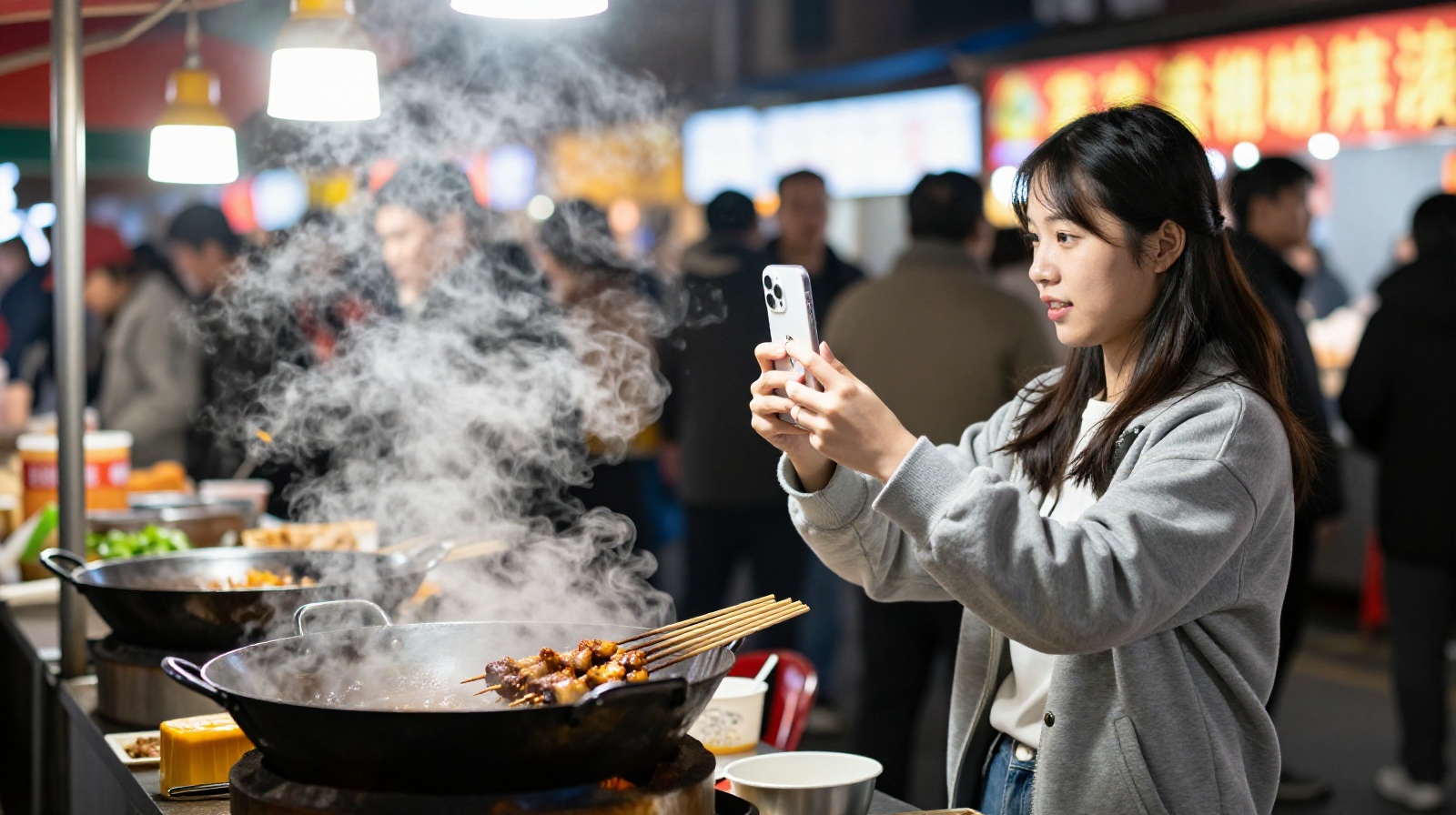Street vendor livestreaming the cooking process to sell food on social media at a night market
