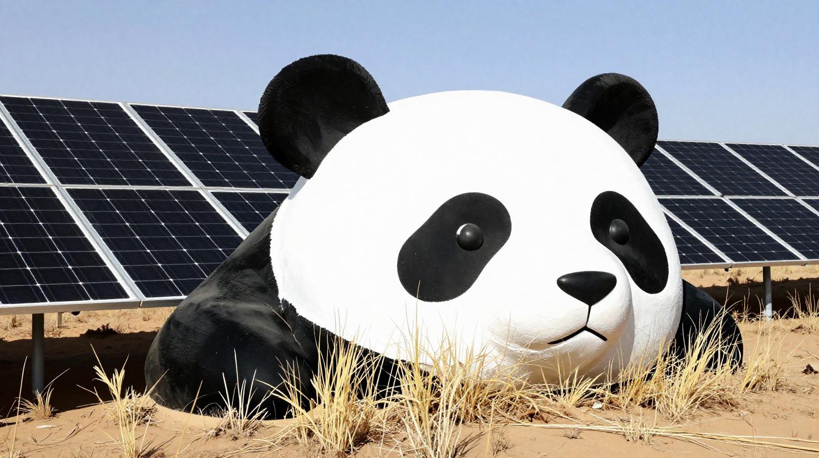 Ground level view of the panda shaped solar panels in Yanchi Ningxia China with desert landscape