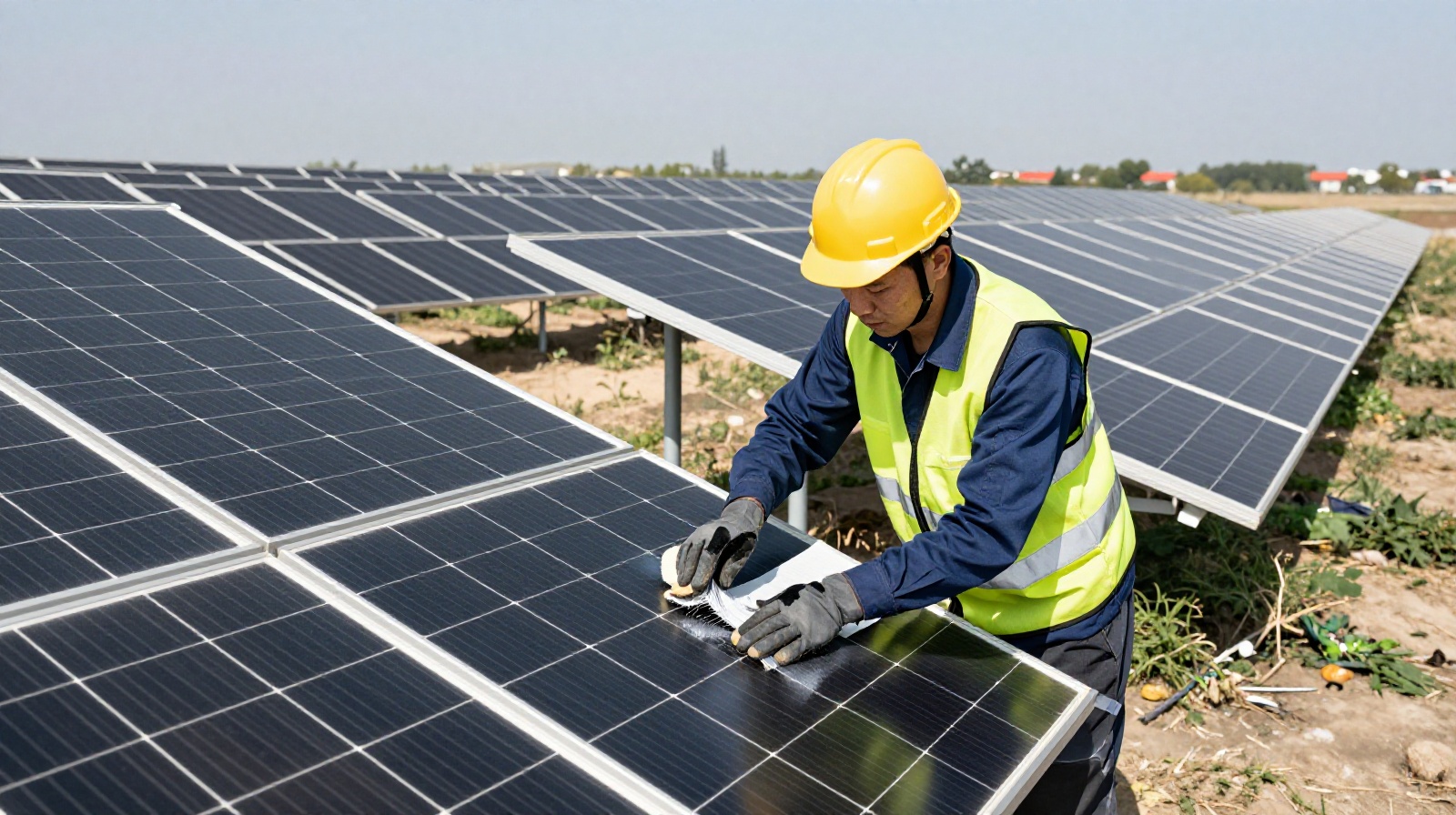 Chinese local technician maintaining solar panels at the panda shaped renewable energy farm in Ningxia