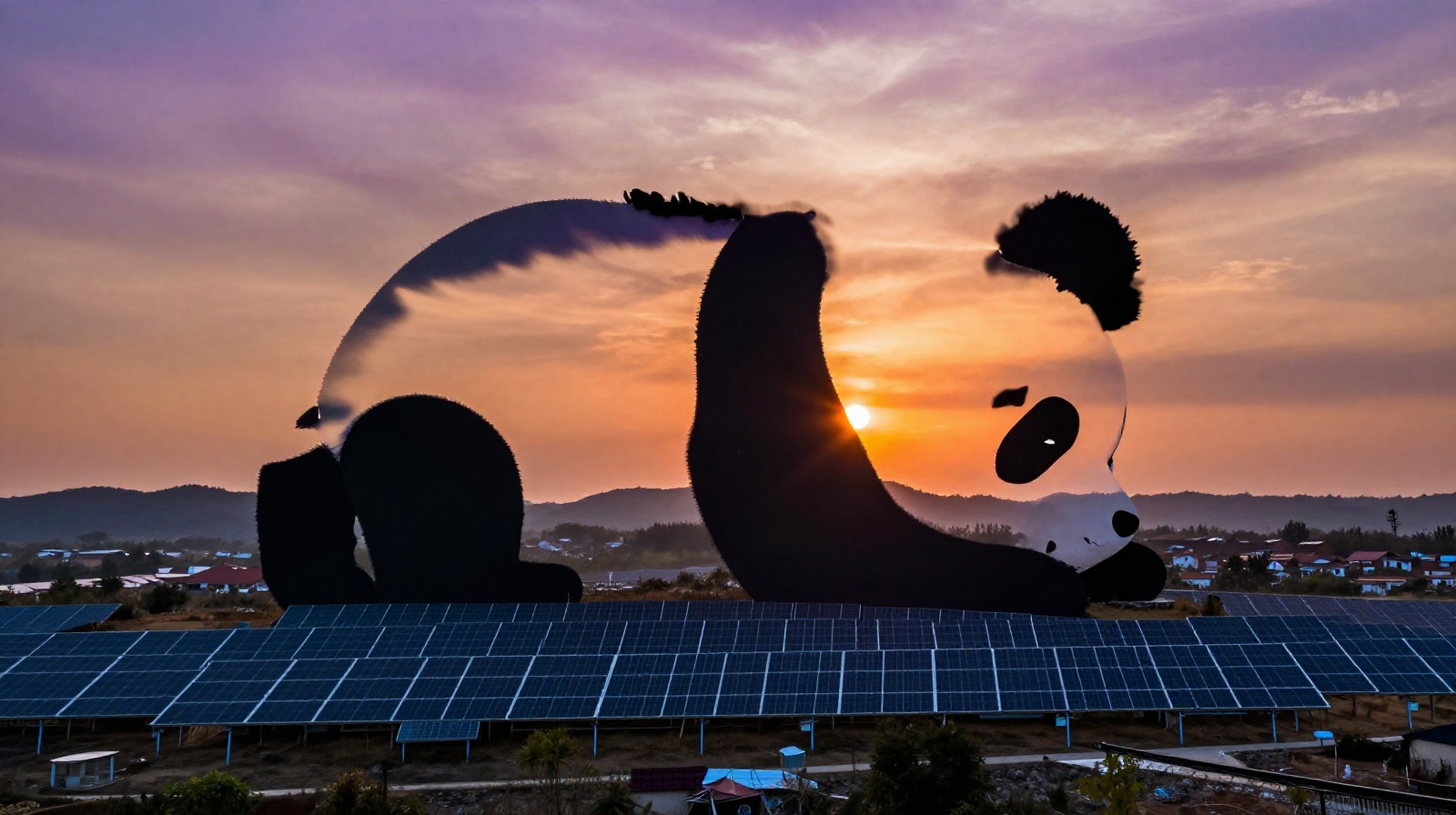 Sunset landscape of the Yanchi panda solar farm illuminating a nearby rural community in Ningxia