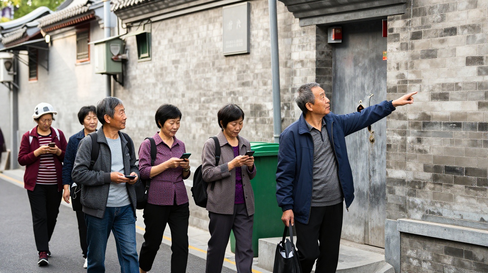 Elderly residents navigating a Beijing hutong neighborhood using landmarks instead of smartphone GPS apps