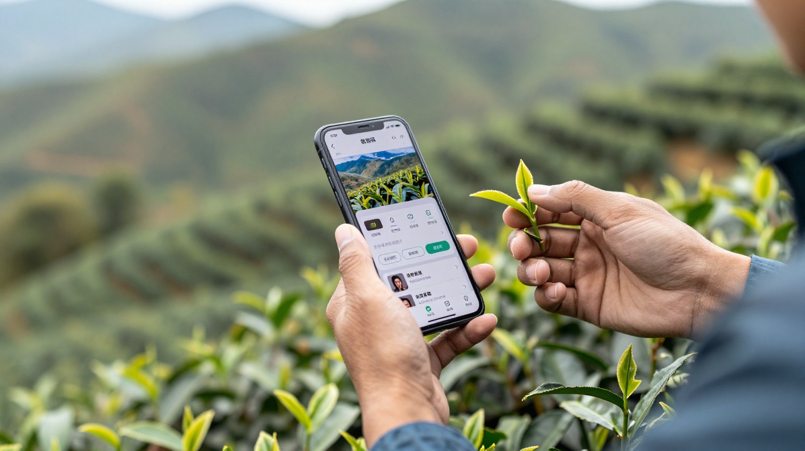 Chinese farmer using mobile technology to sell agricultural products while maintaining traditional farming practices