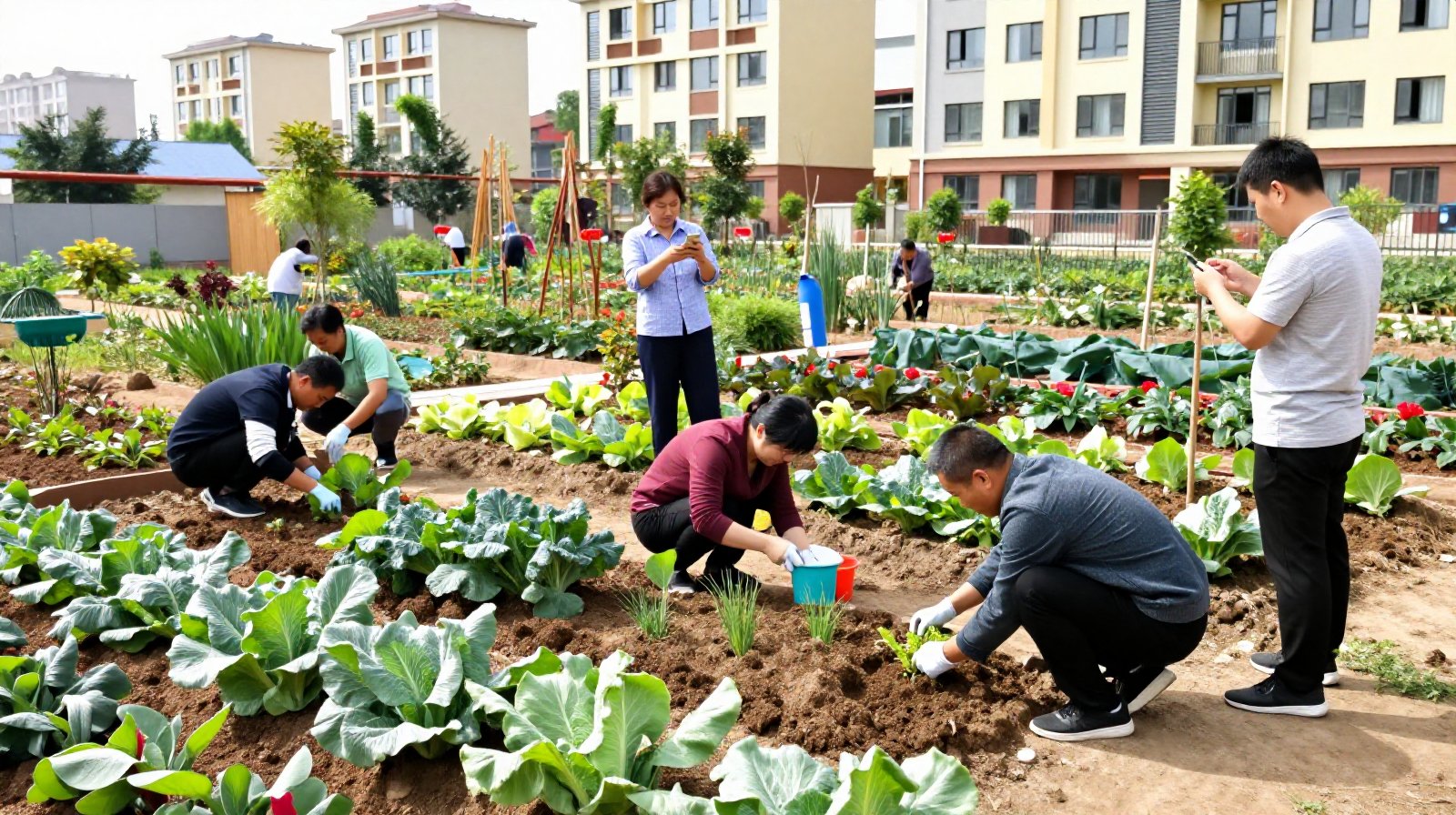 Residents participating in community gardening activities within a Chinese urban neighborhood