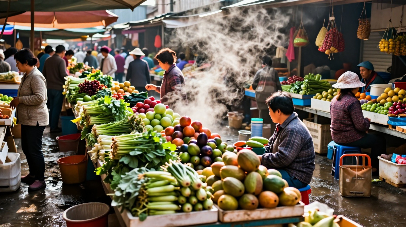 A vibrant and busy traditional wet market filled with fresh produce and colorful stalls