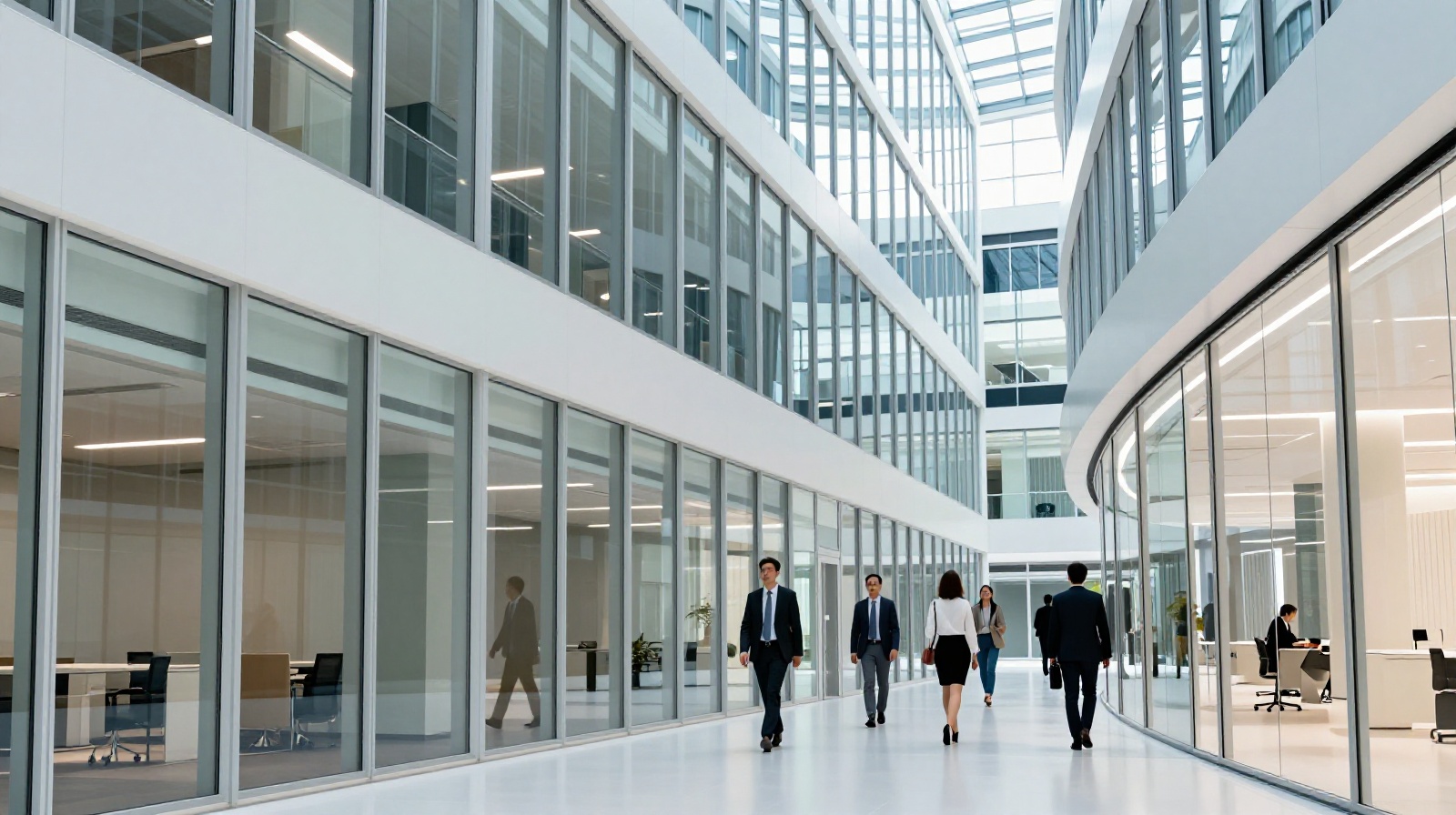 Modern office corridor with glass walls and professionals in motion