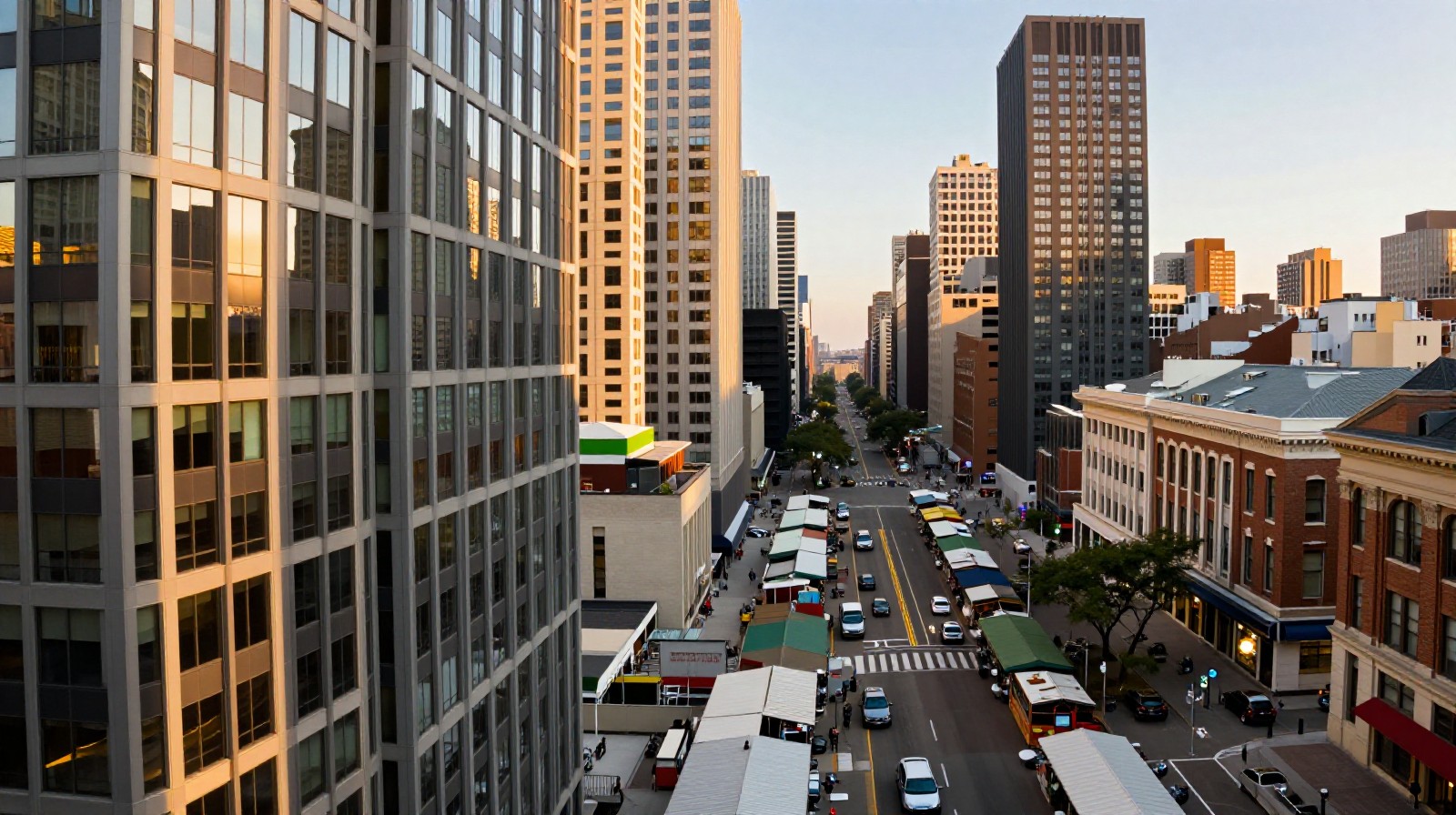 City view from an office window overlooking a bustling market street