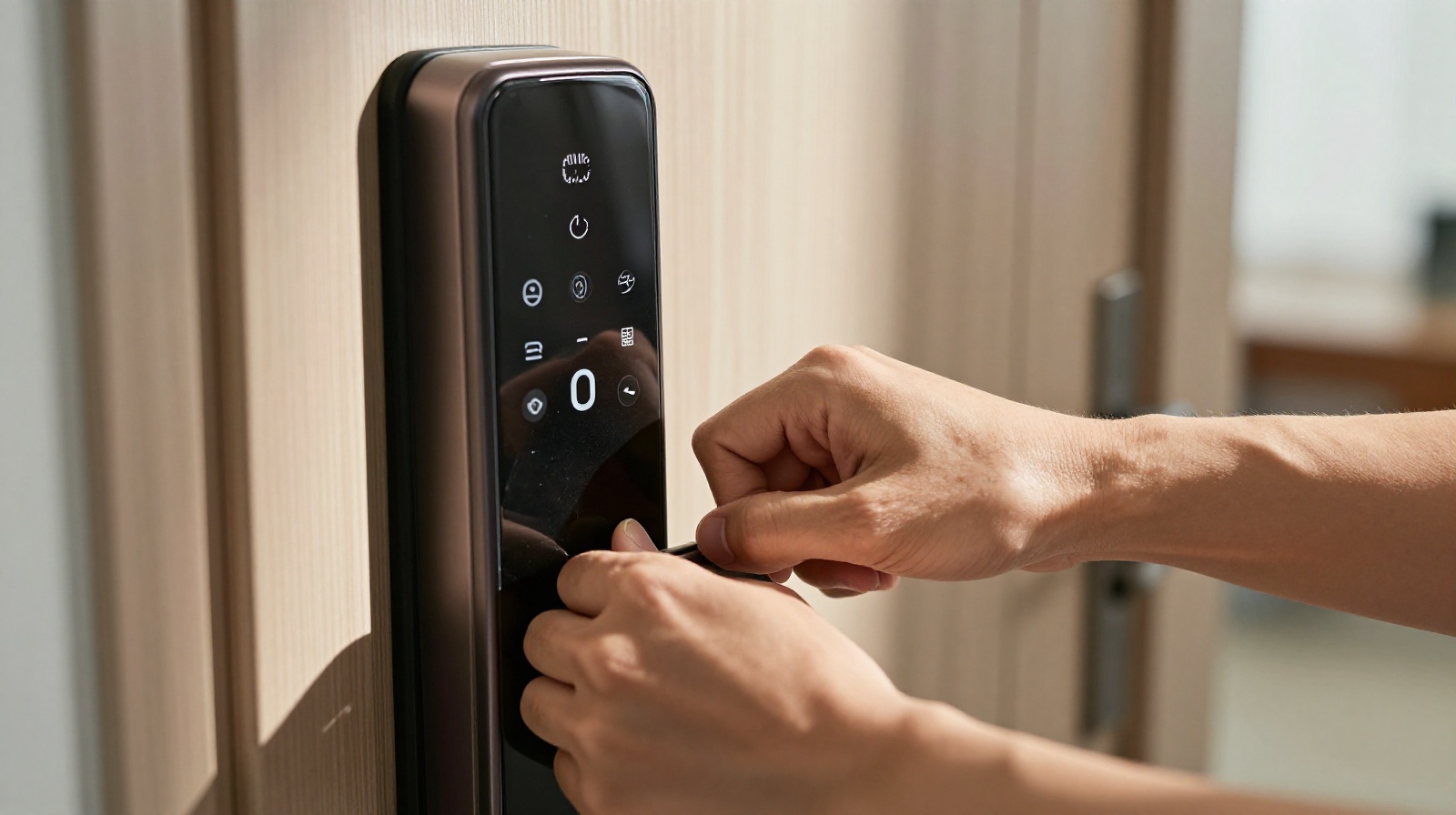 A close-up of a person's hand trying to open a jammed smart door lock in a Beijing apartment hallway during morning rush hour.