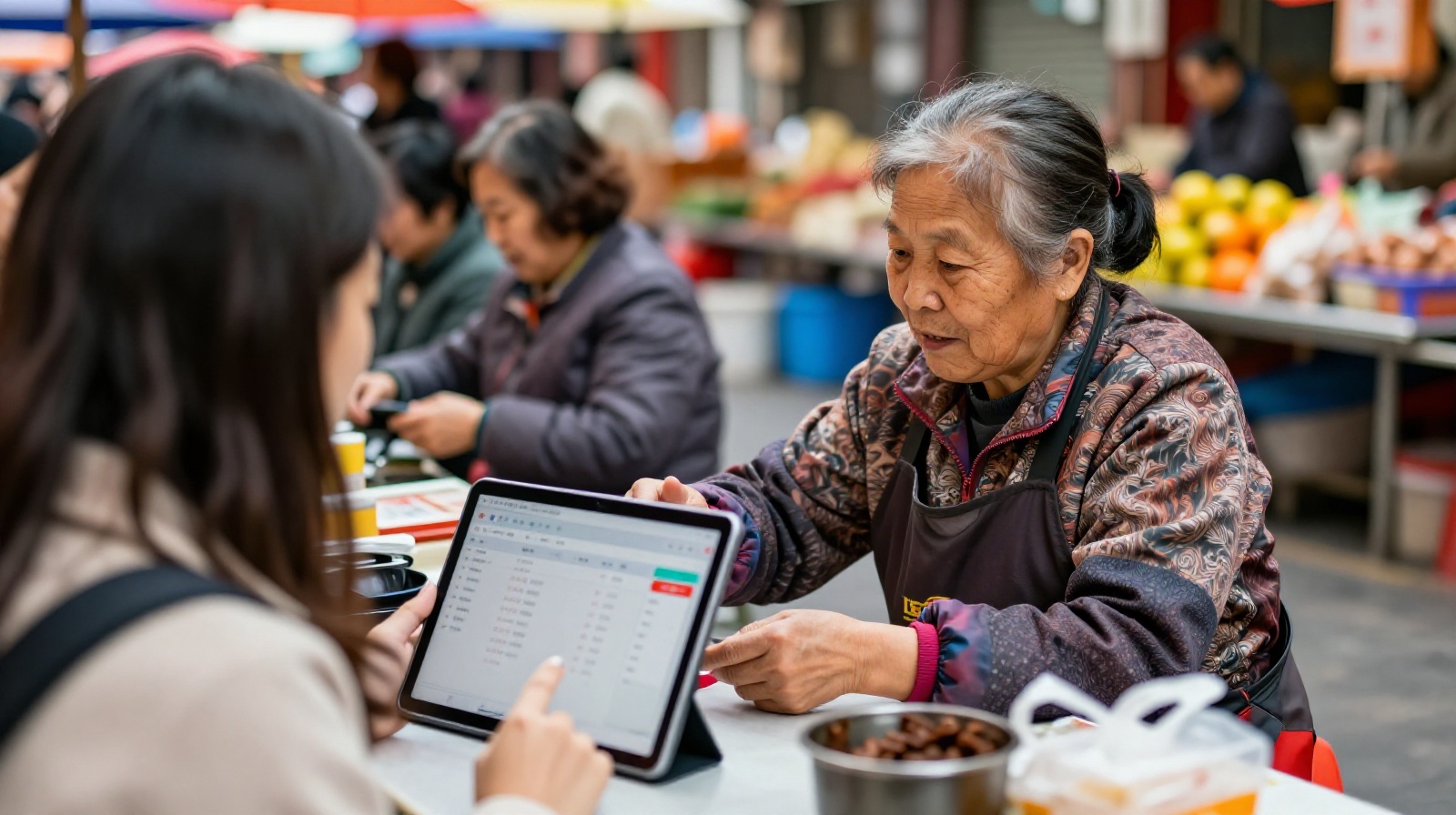 A vegetable vendor in Shanghai's Xujiahui district using a tablet for inventory while chatting with a regular customer, showcasing the blend of technology and personal relationships.