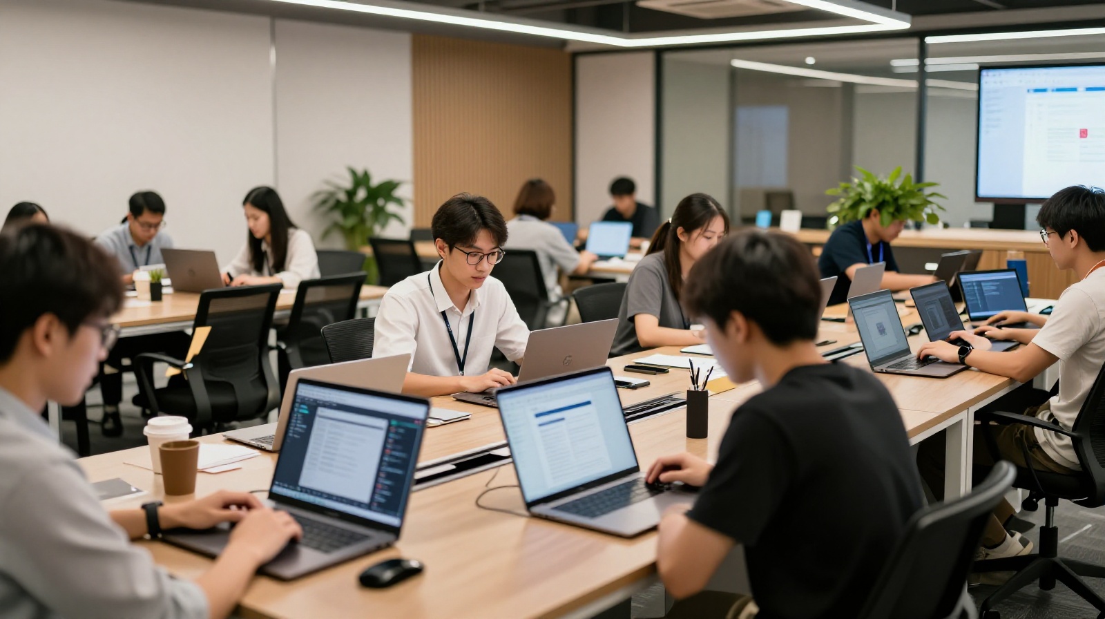 Young professionals using generative AI tools in a shared office space in Shenzhen's Nanshan District, blending technology with human creativity.