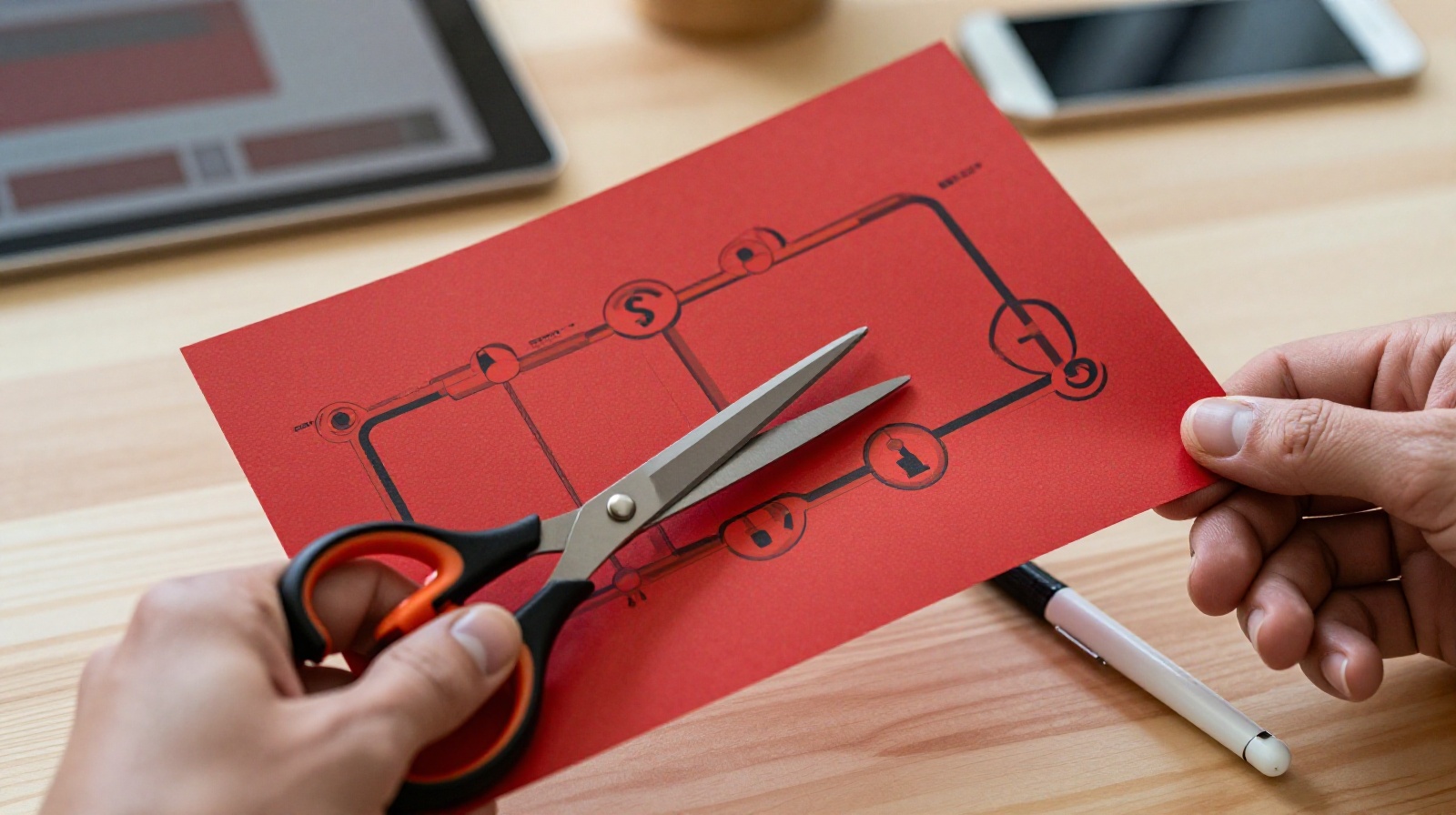 A close-up view of a young artisan's hands using steel scissors to cut intricate red paper patterns featuring modern transportation elements like subway lines and train tracks in a contemporary studio setting.