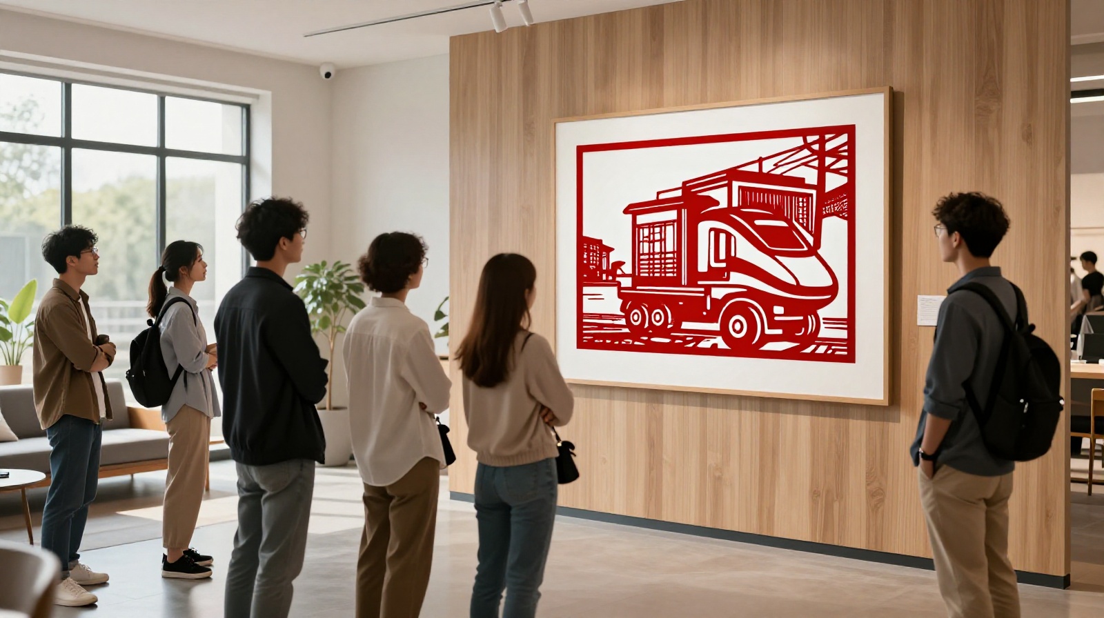 An international audience admiring a modern Chinese paper cutting artwork featuring a delivery robot and train, displayed in a contemporary living room setting as a conversation starter.