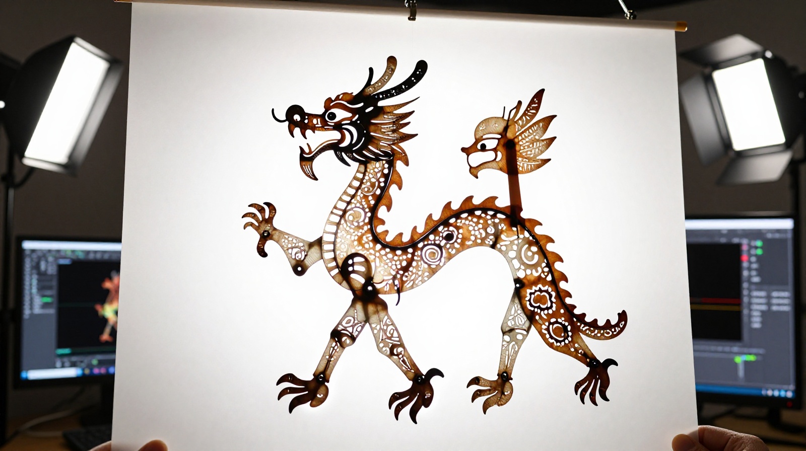 A detailed leather shadow puppet depicting a dragon is held up to a projection screen in a modern Beijing art studio, demonstrating the blend of traditional craft and digital technology.