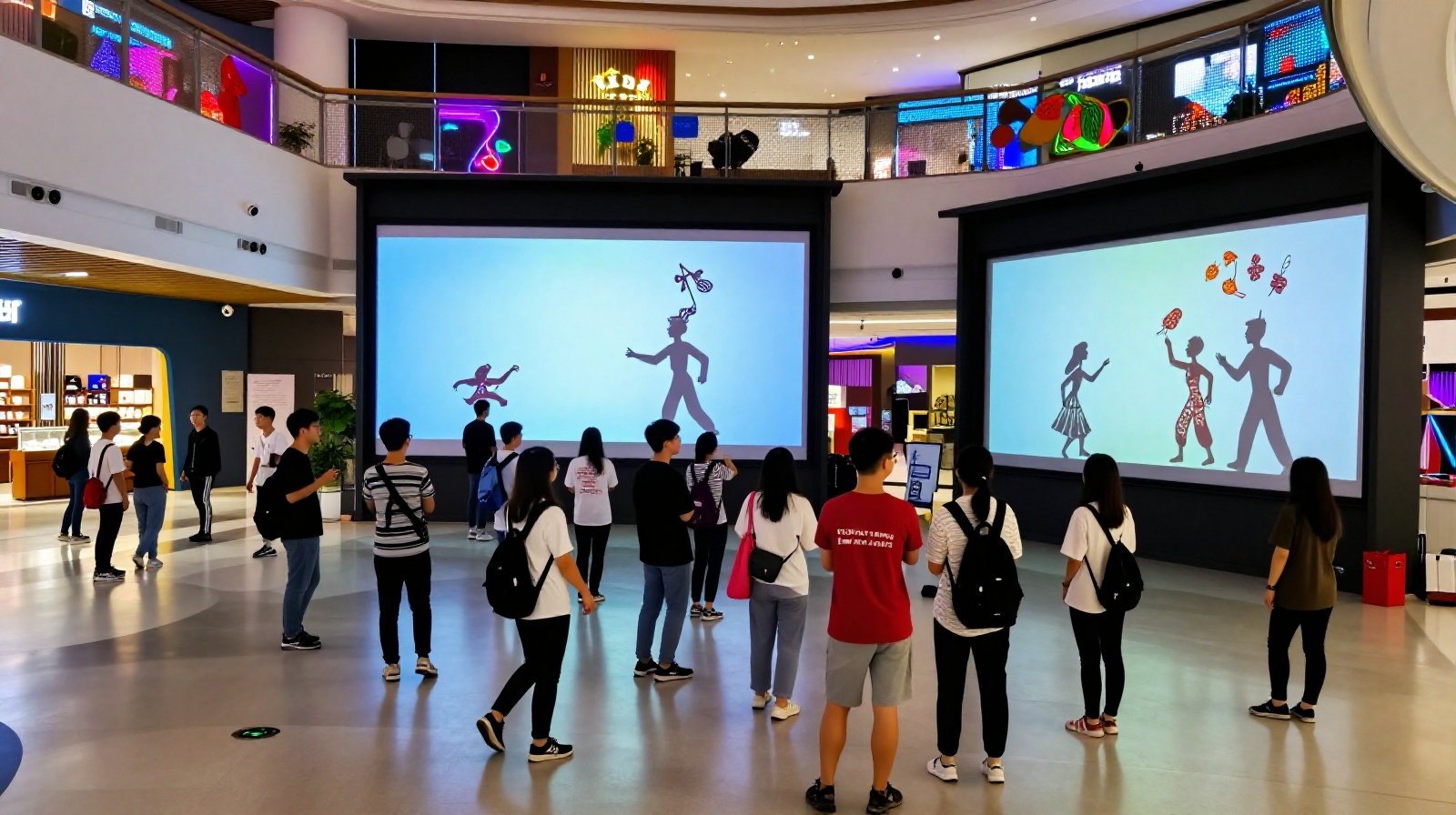 Visitors in a modern Chinese cultural hub watch young performers operate interactive shadow puppetry displays on large touchscreens.