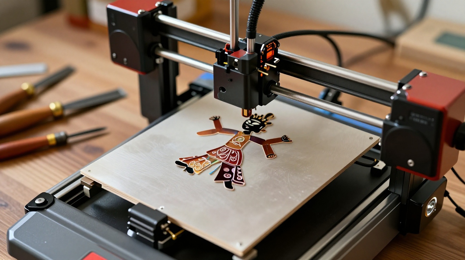 A 3D printer creates a prototype for a Chinese shadow puppet, highlighting the fusion of modern manufacturing with ancient artistic techniques.