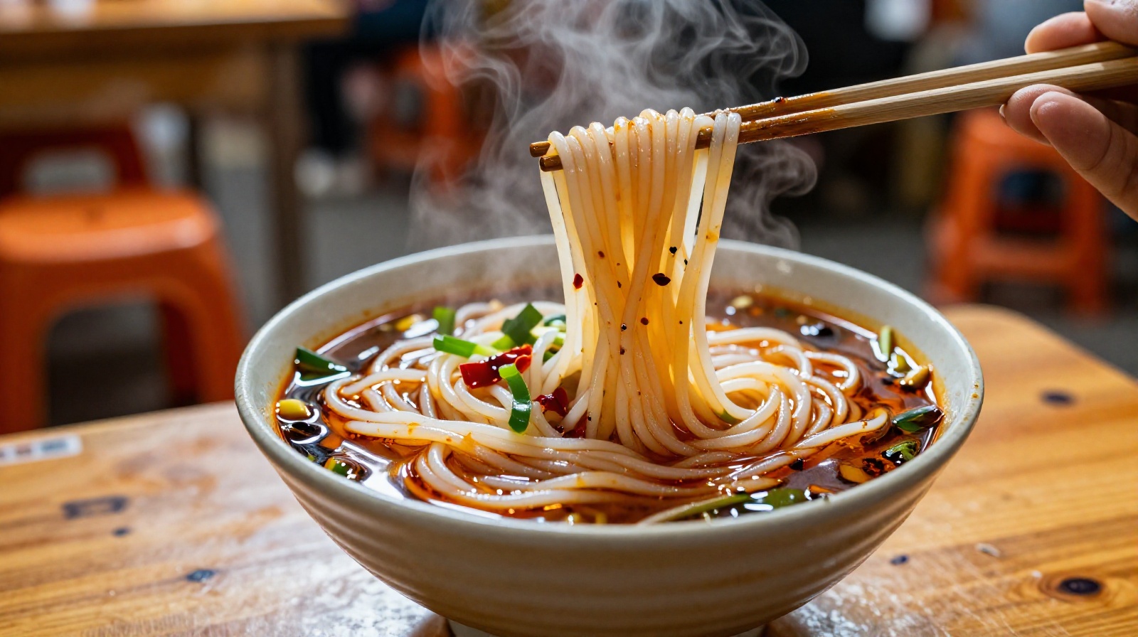 Steaming bowl of spicy Yunnan rice noodles being eaten at a late-night street stall