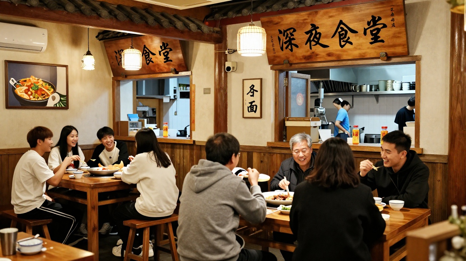 Diverse locals enjoying a meal together in a warm, modernized Chinese restaurant interior