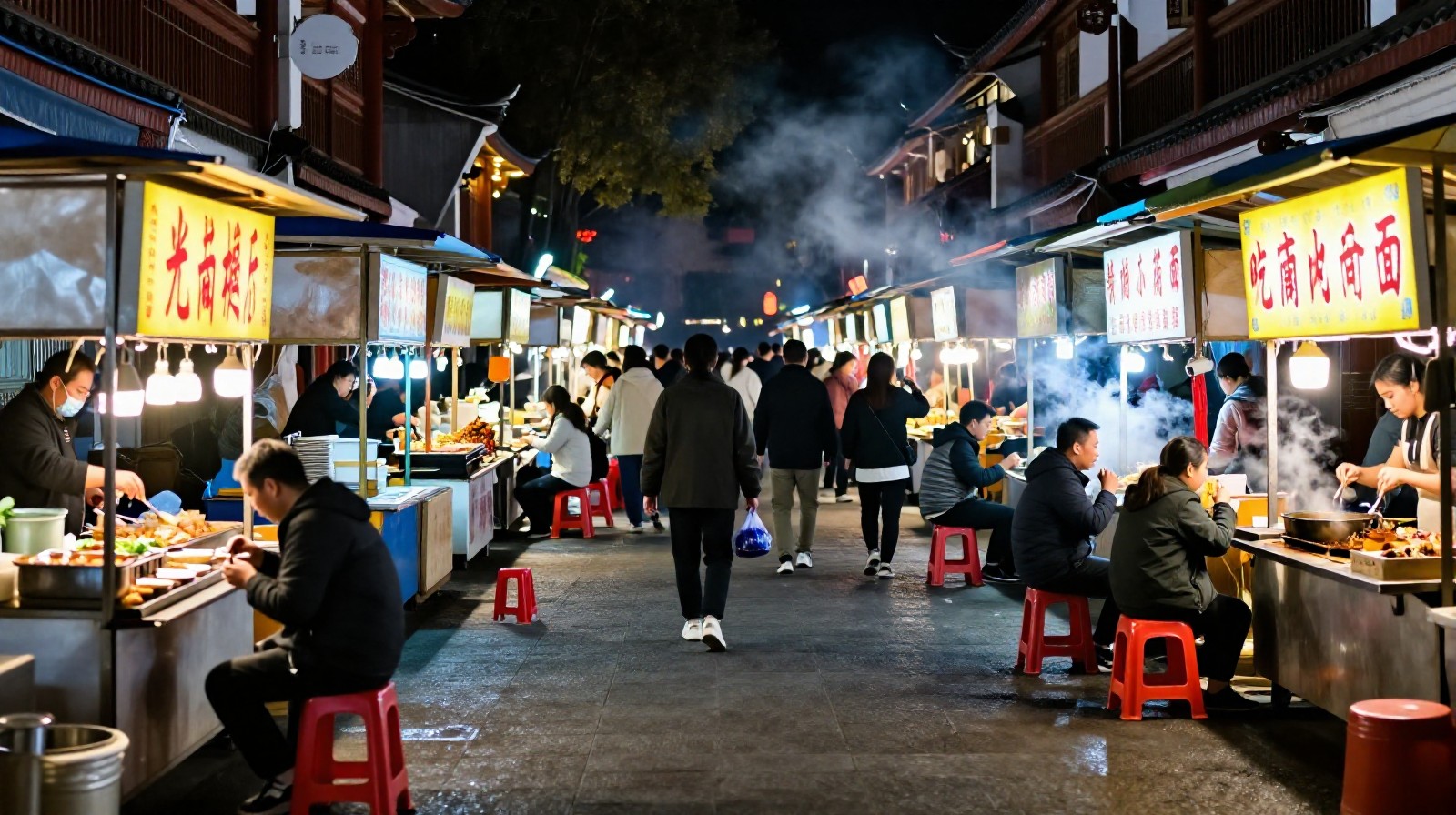 Bustling night market street in Yunnan with glowing food stalls and locals dining