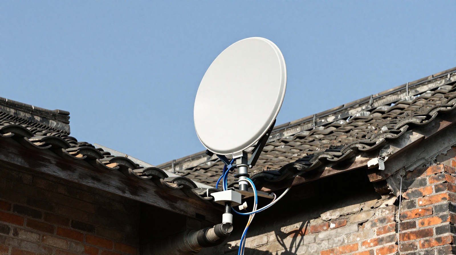 Starlink satellite equipment installed on a traditional Chinese rural house roof indicating modern internet connectivity in Yunnan