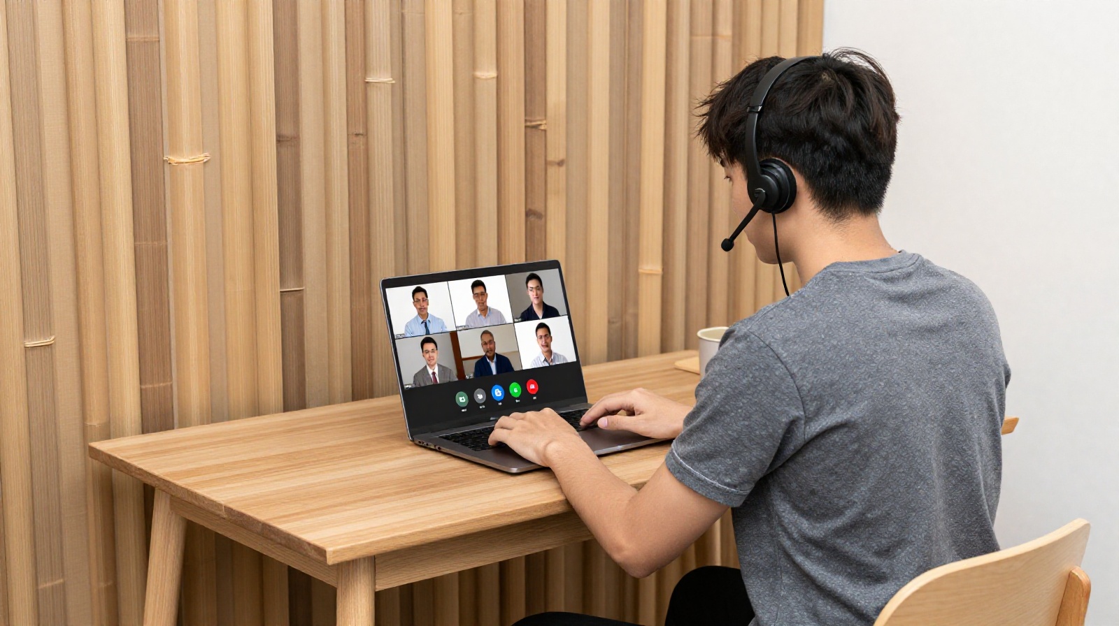 Digital nomad working remotely from a rural guesthouse in Yunnan during a video meeting